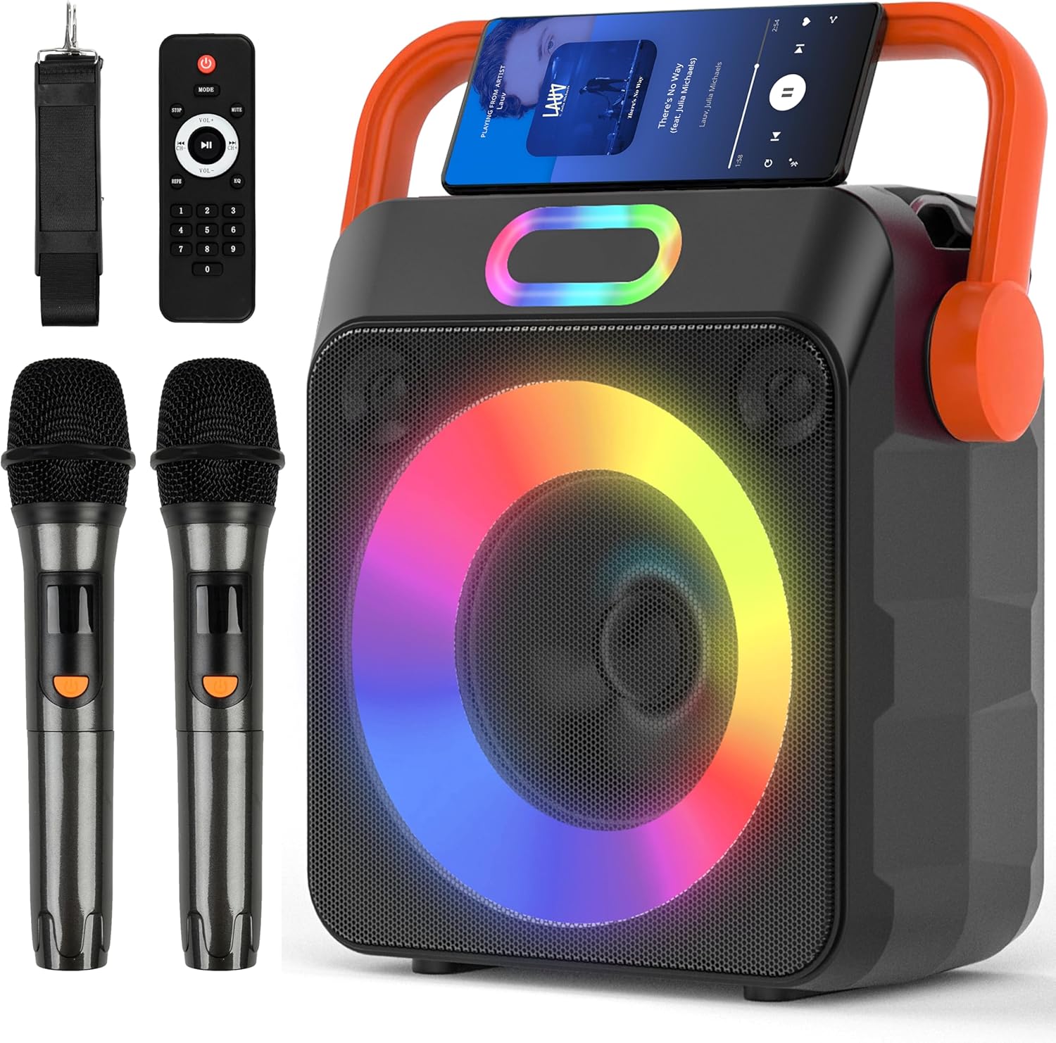 Karaoke Machine with 2 Wireless Microphones, Karaoke Machine for Adults & Kids, Portable Bluetooth Karaoke Speaker with Bass/Treble Adjustment, PA System, LED Lights, Supports TWS/USB/TF/REC/FM/AUX Orange Handle