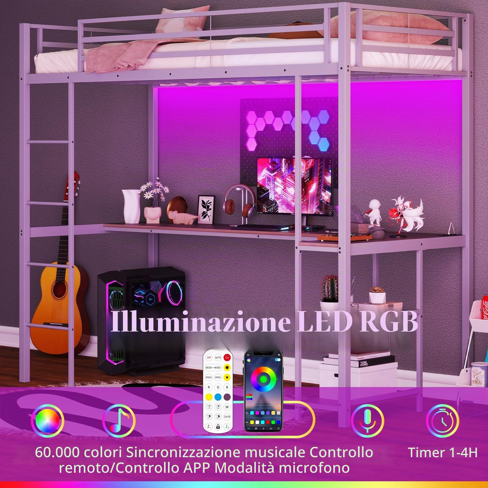 LIFEZEAL Struttura Letto a Soppalco con Scrivania, Luci, Multipresa, Barriere di Sicurezza, 90x200cm, Letto a Castello in Metallo, Rete a Doghe, Remoto Controllo, Illuminazione, Cameretta, Argento