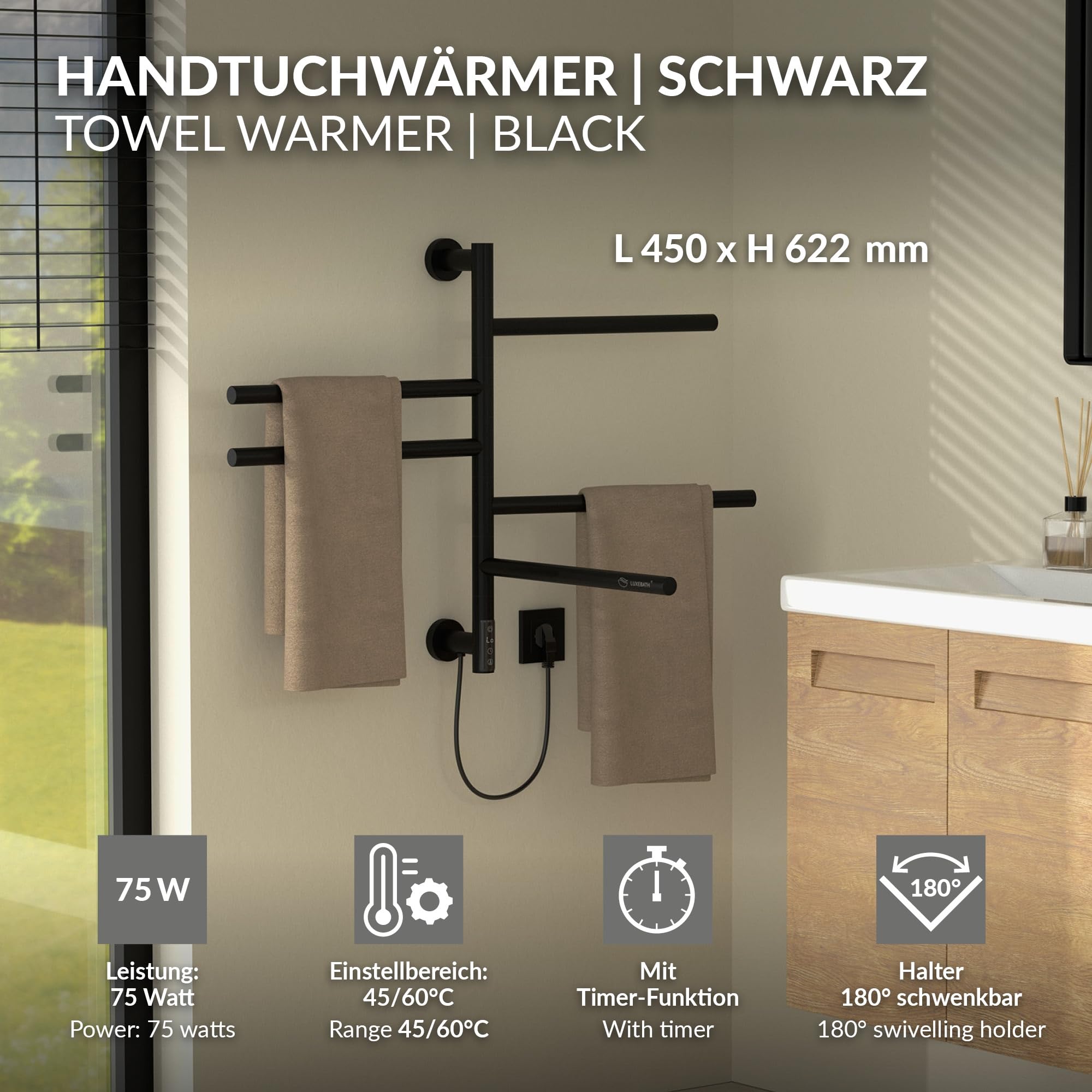LuxeBath Scaldasalviette Elettrico con 5 Bracci Girevoli a 180°, Nero Opaco in Acciaio, 75W, Timer 0,5-9h e Display Touch Digitale, Radiatore da Bagno IPX4, 450x622 mm, Portasciugamani a Parete