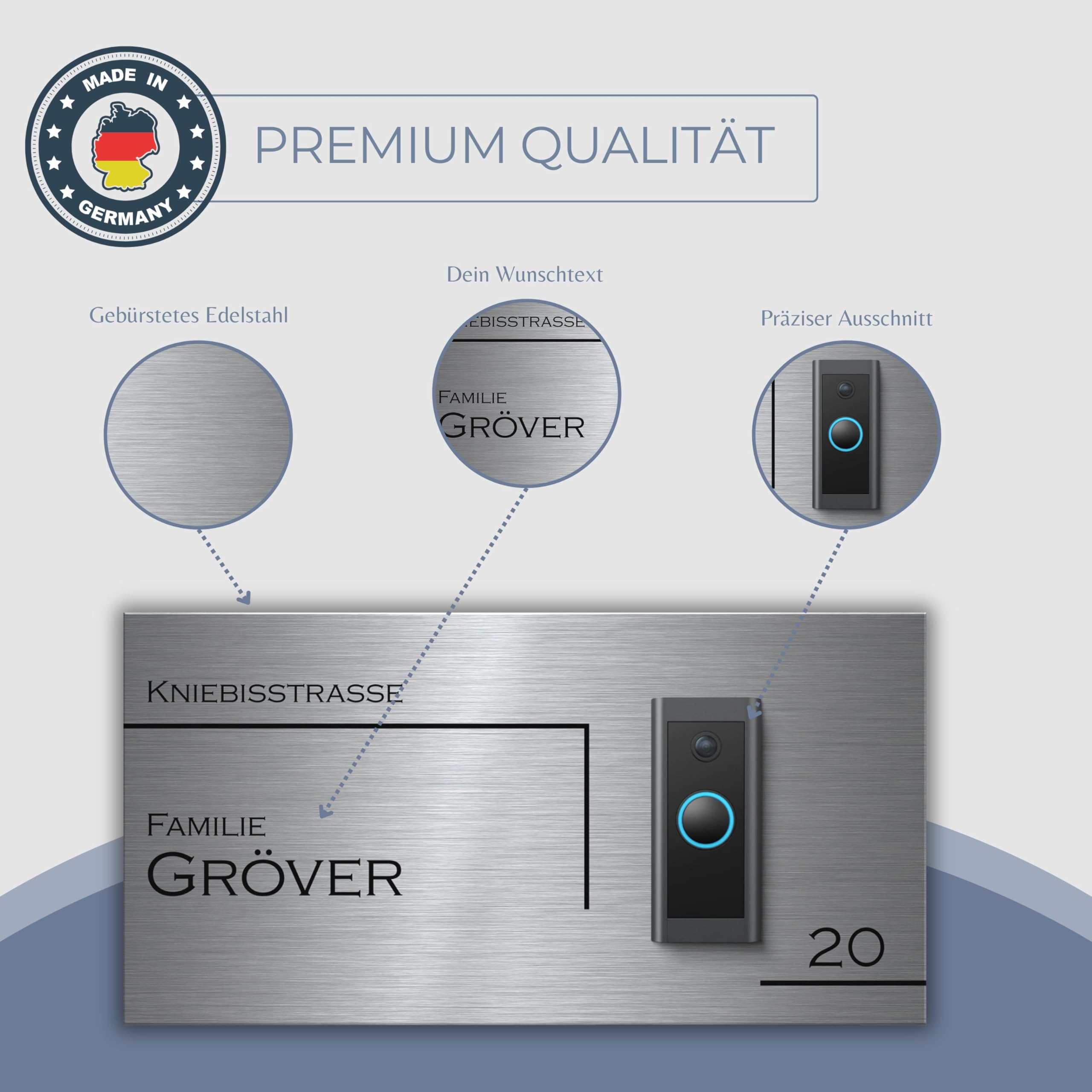 Hochwertiges Klingelschild für Eufy Dual S330 Video Türklingel - personalisiertes Namensschild aus Edelstahl mit Gravur | hochwertiges Funkklingel Zubehör