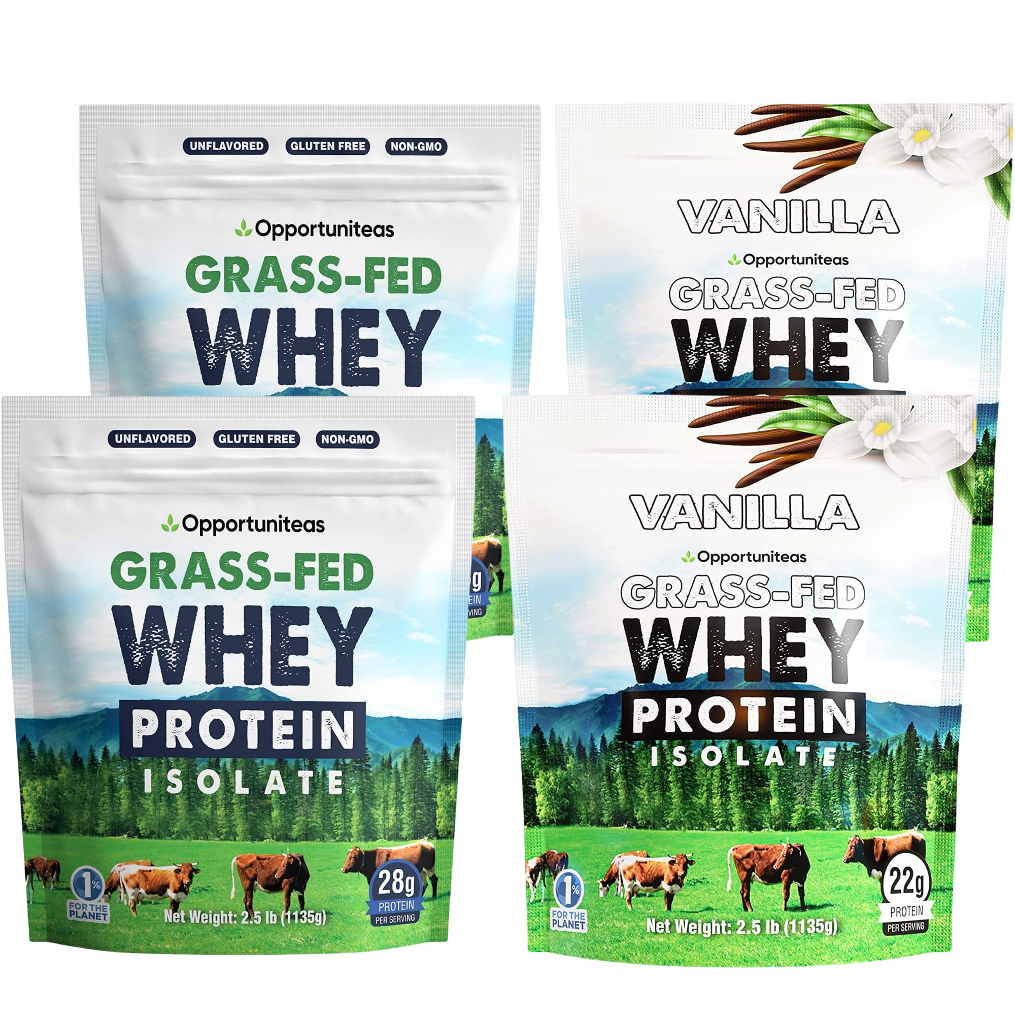 Opportuniteas Grass Fed Whey Protein Isolate Powder - 28g Unflavored & Vanilla Protein Protein Without Artificial Sweeteners, Hormone-Free Happy Cows - Un-denat