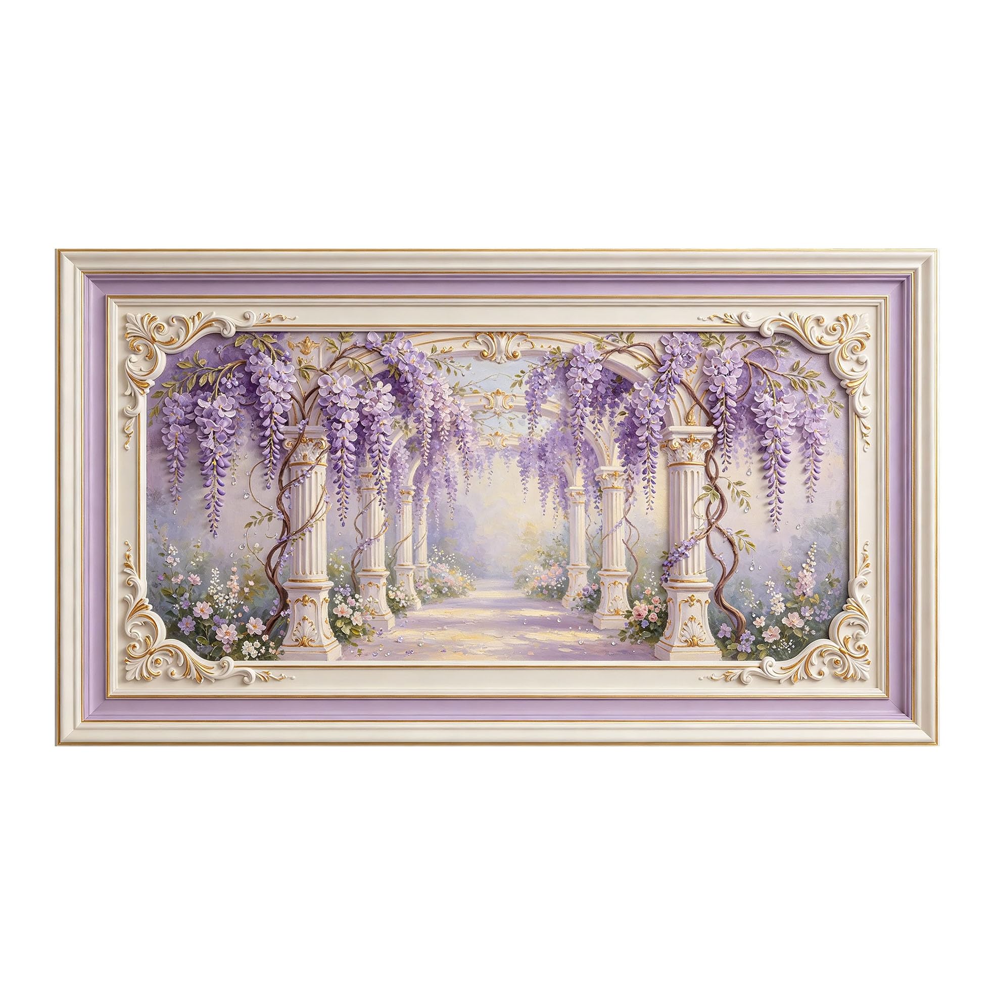 Murasolite 3D Framed Wall Art Wisteria Garden European Classic Oil Painting SelfAdhesive Fabric Mural Wall Decor， Peel and Stick No Damage to Wall， AntiFall Safe Design for Bedroom Living Room