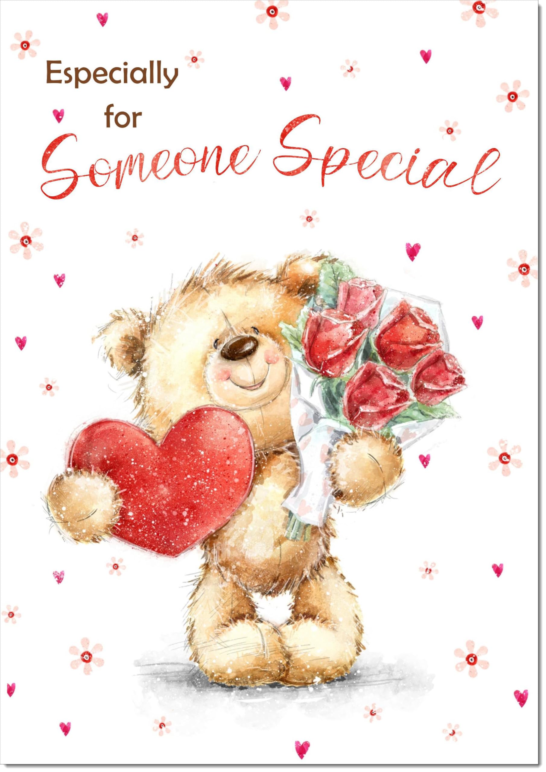 doodlecards Someone Special Valentine's Day Card Teddy with Love Heart and Flowers Large A4 Size with Plain Envelope