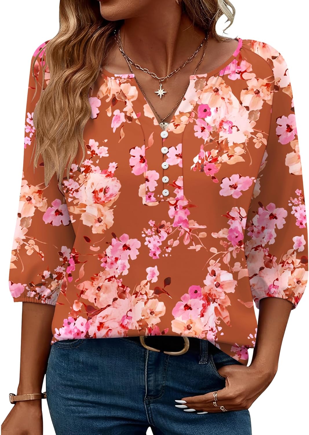 Micoson Womens 3/4 Sleeve Tops Dressy Casual V Neck Chiffon Work Blouses Loose Fit Business Button Down Shirts