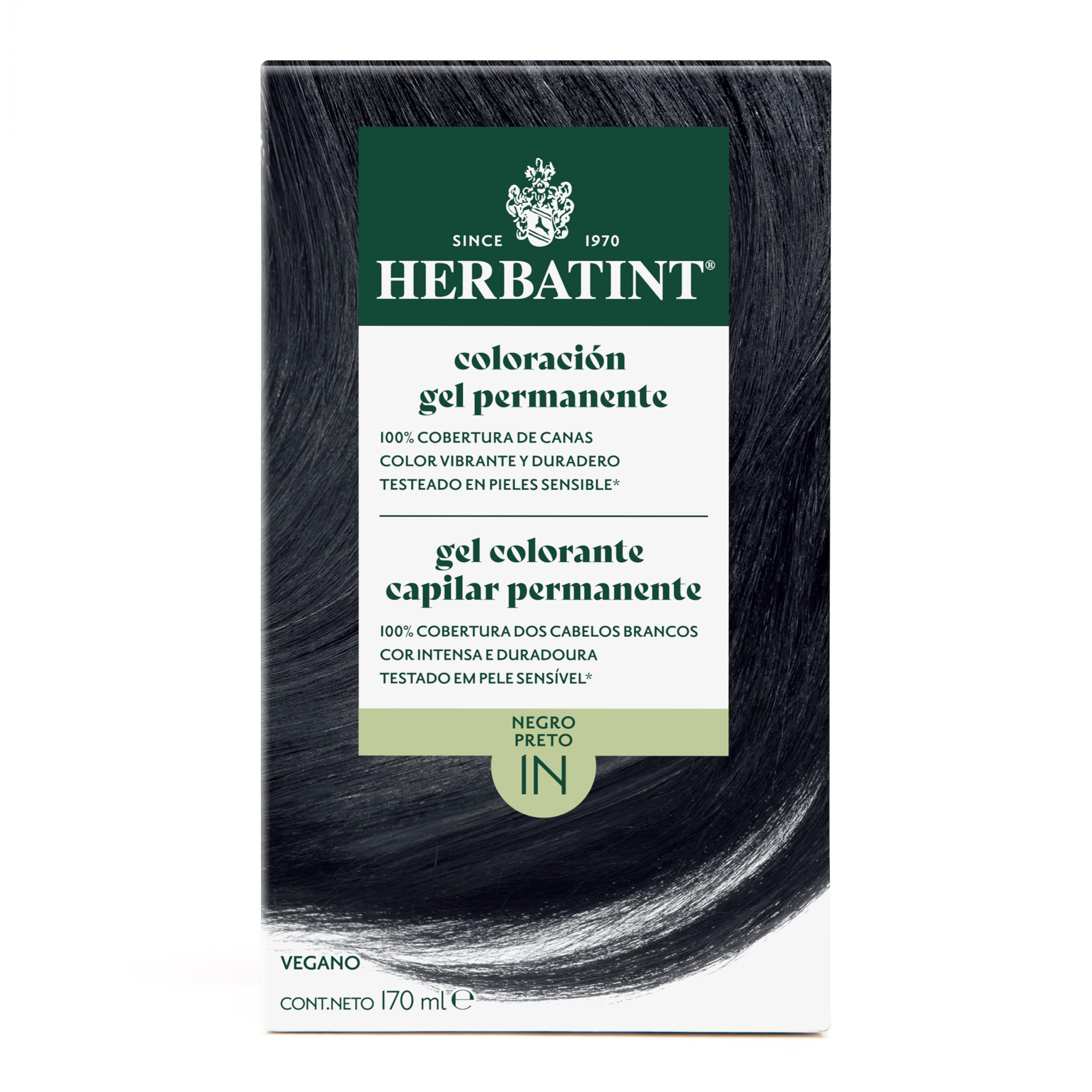 Herbatint Trwały żel do włosów farbowanie 1N czarny - 170 ml, bez amoniaku, 100% pokrycie siwych włosów, dla wrażliwej skóry, z 8 naturalnymi ekstraktami z biologicznych