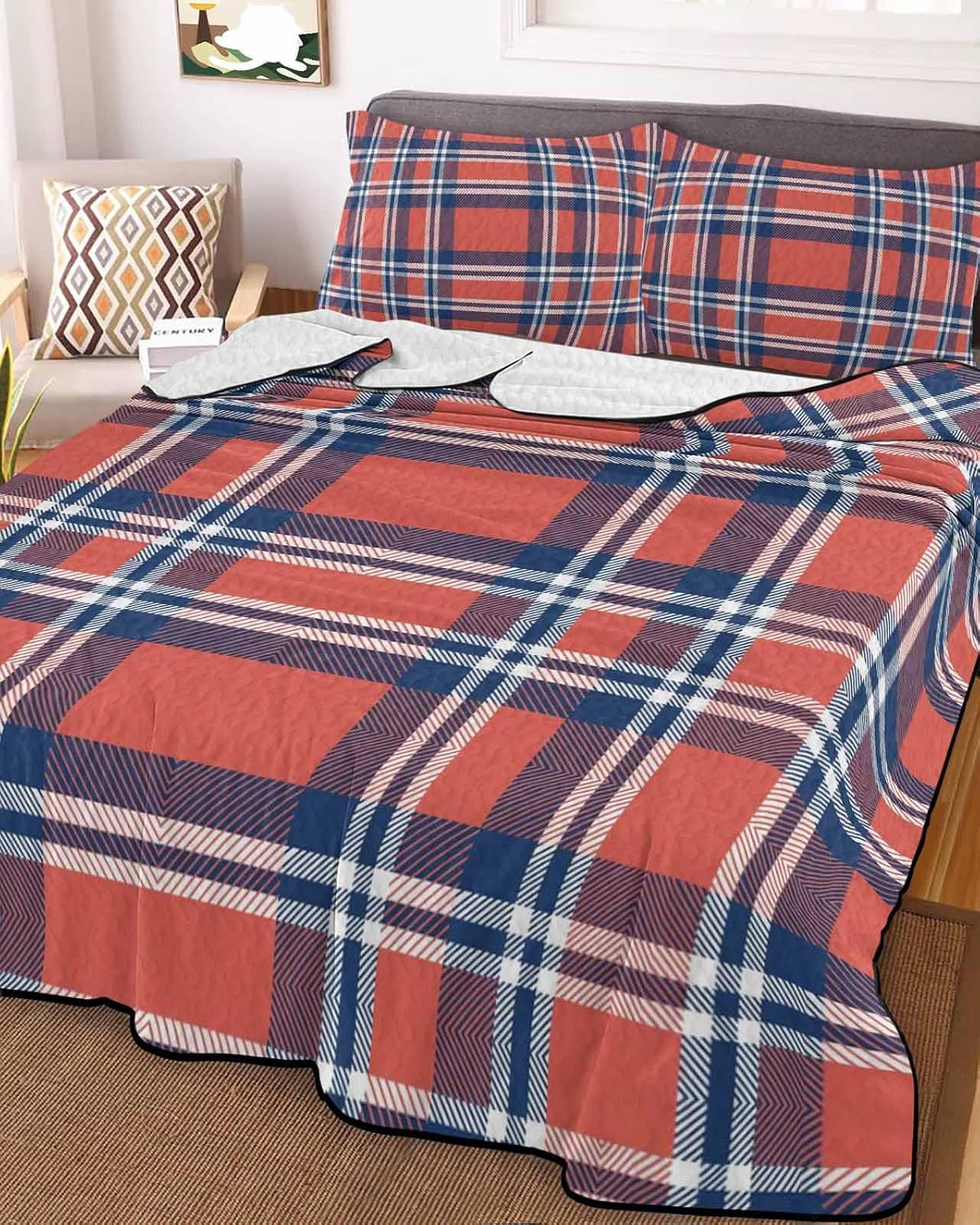 Full Size Quilt Set, Abstract Orange Plaid Lightweight Bedspread Coverlet Set Soft Microfiber Summer Quilt with 2 Pillow Shams, White Blue Geometric Striped 3 Piece Comforter Bedding Set