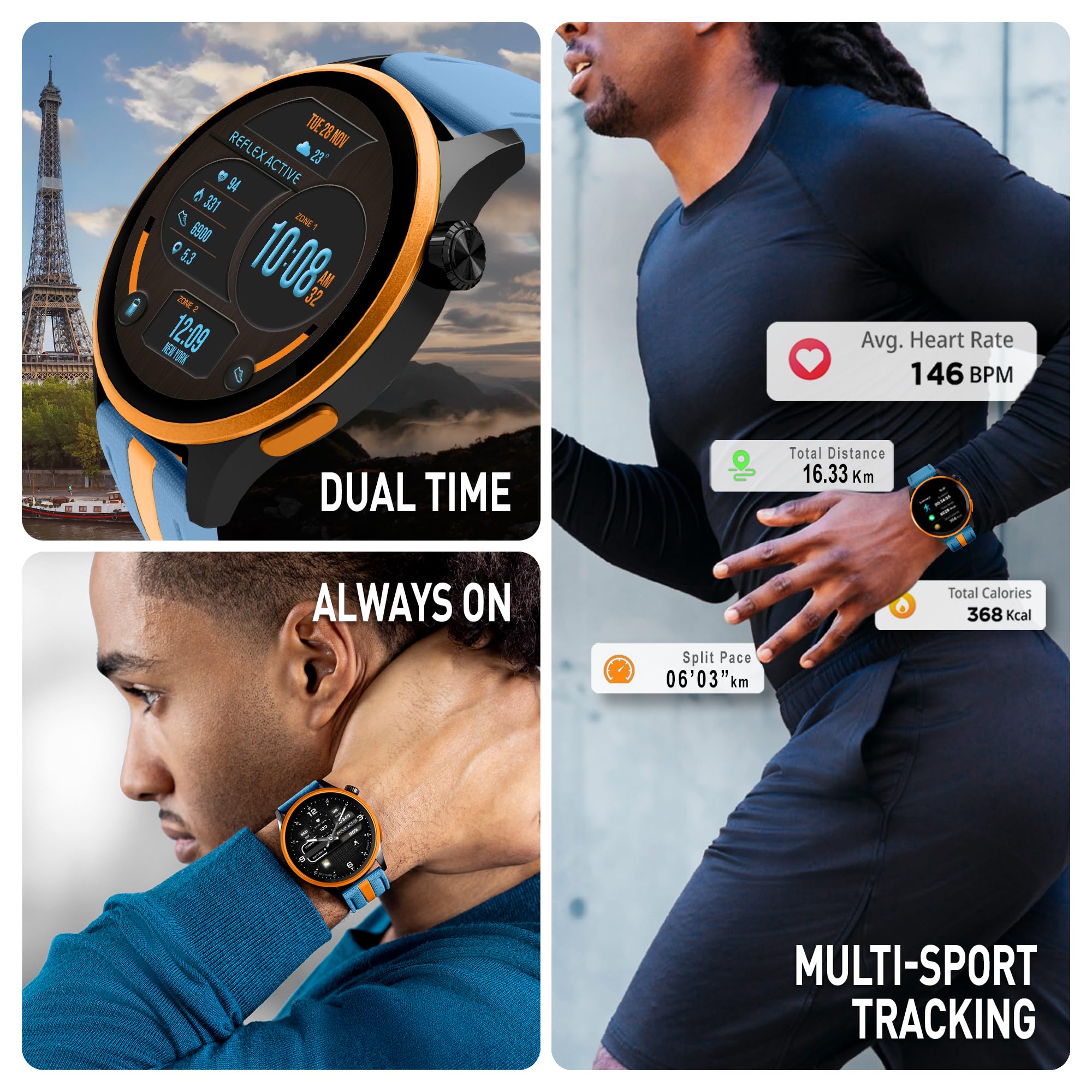 Reflex Active Montre intelligente AMOLED Série 54 GPS Bleu et Orange