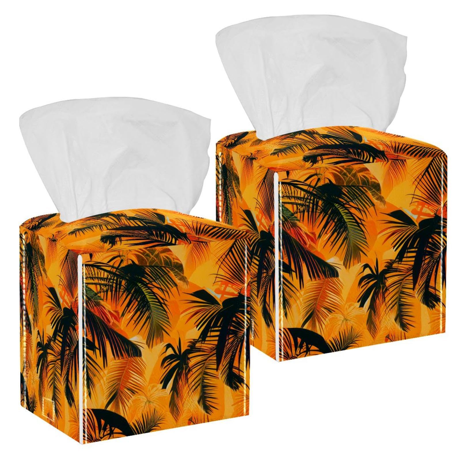 Tropical Palm Tissue Box Cover, 2 Pack PU Leather Square Facial Tissue Dispenser Box holder for Home Office Car
