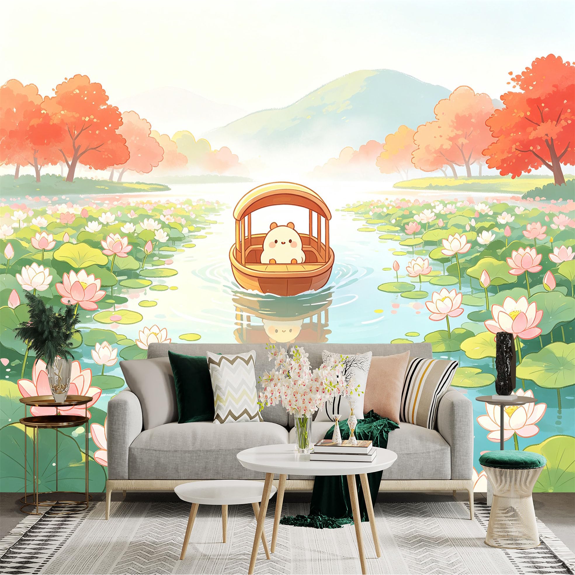 Custom Size Wall Sticker Mural， Cute Animal in Small Boat， Serene Lotus Pond， Peaceful Nature Landscape， for wall Decoration， peelandstick wall Decals.