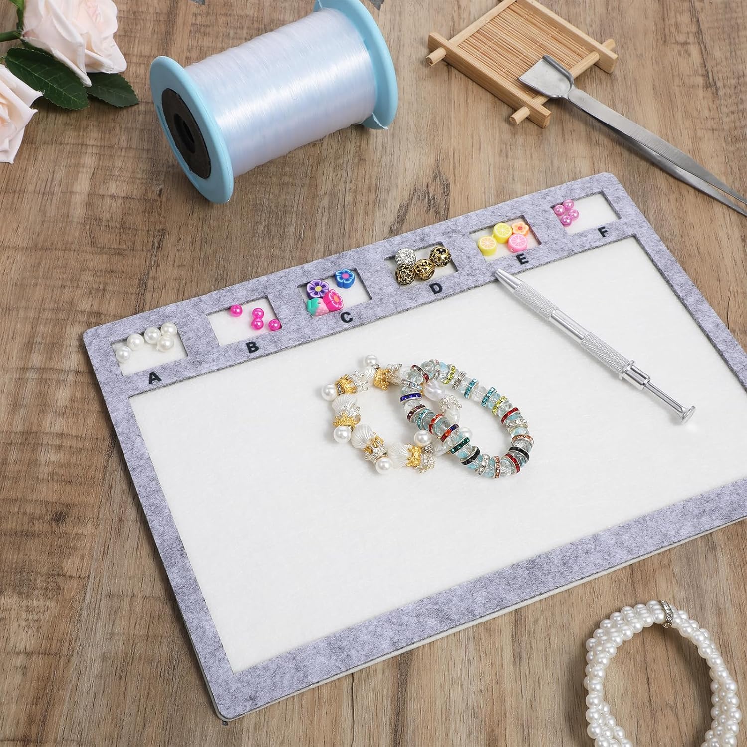 Rectangle Felt Beading Mat 3 Pcs Set Handy Tweezers with Scoop Jewelry Grabber and Individual Grids Felt Beads Design Boards Surface Flocking with Beads Tray Bead Pads for Jewelry Making Art Crafts - Image 7