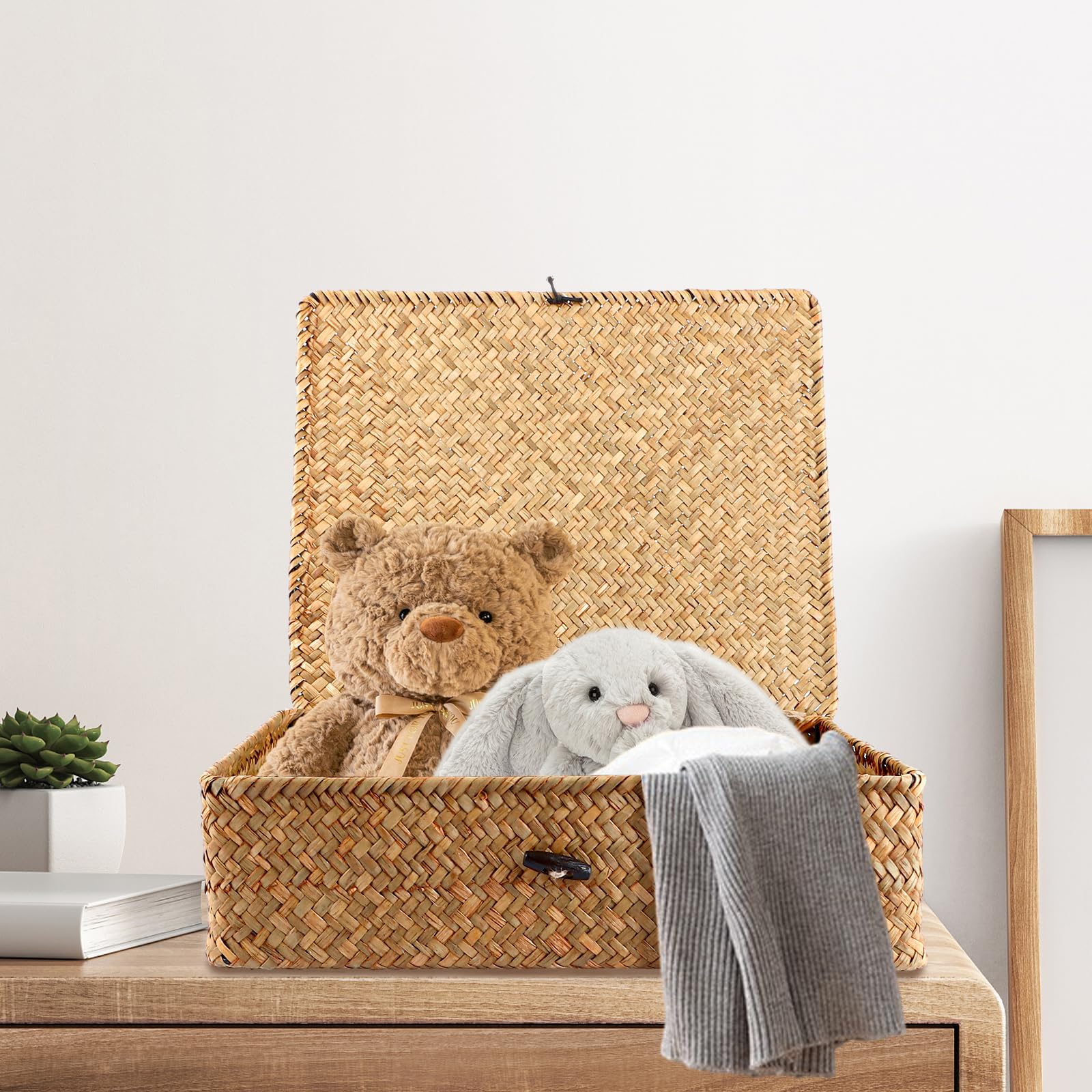 YAYODS Lot de 3 Panier en Algues Naturelles avec Couvercle - Panier de Rangement Tressé en Rotin Rectangulaire - Corbeille de Rangement Empilable pour Salle de Bain, Salon et Cuisine - Design Rustique