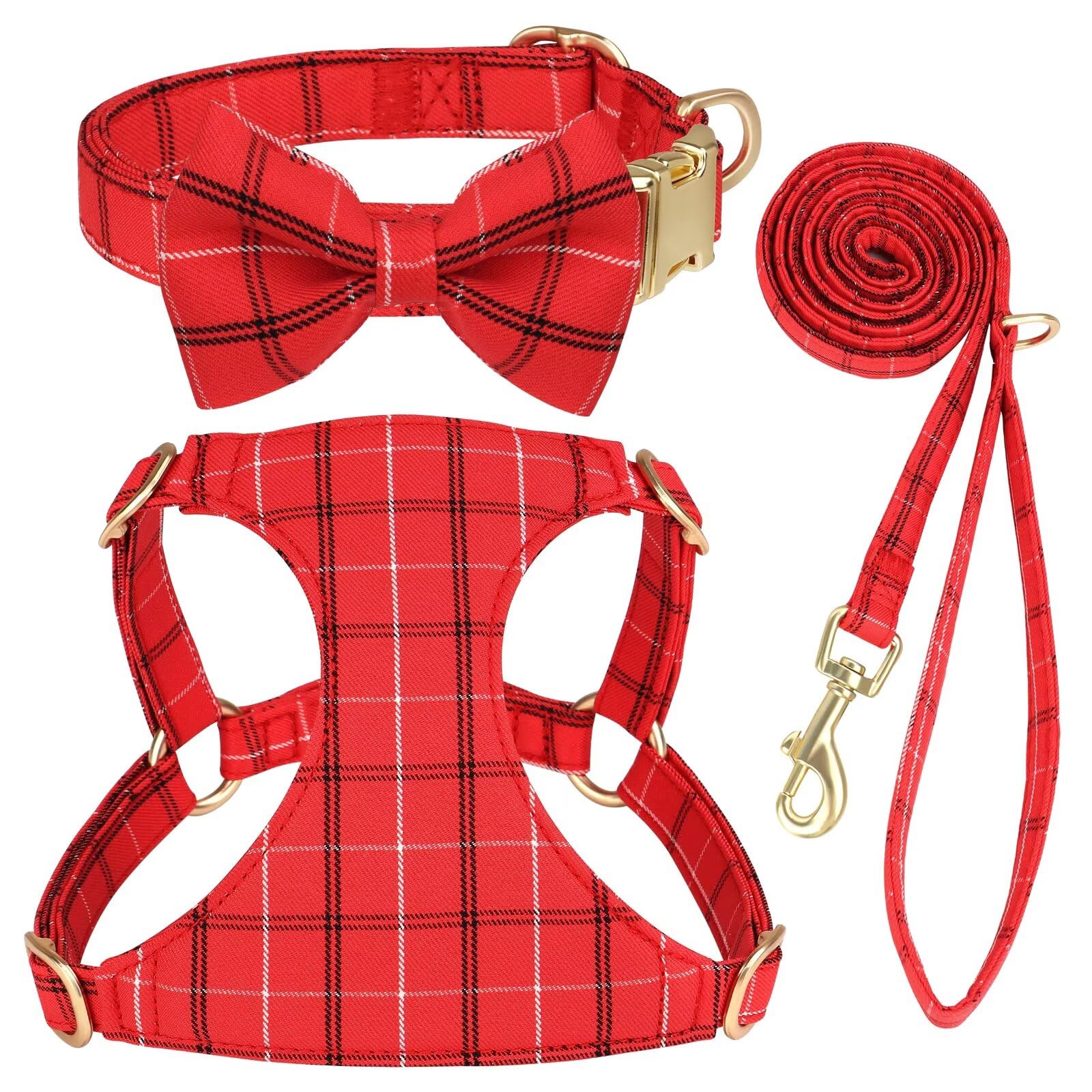 Beirui Cute Extra Small Dog Harness Collar and Leash Set with Bowtie, Soft Adjustable Plaid Puppy Harness for Small Sized Dogs Cats Walks Parties and
