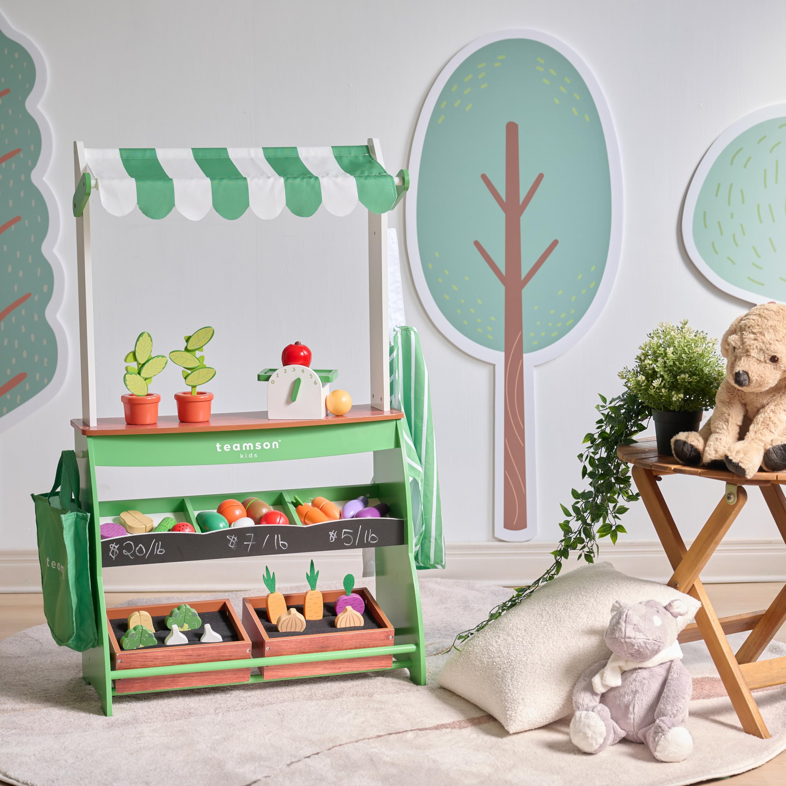 Teamson Kids Marktstand aus Holz mit Gemüse, Waage & Zubehör Spielset