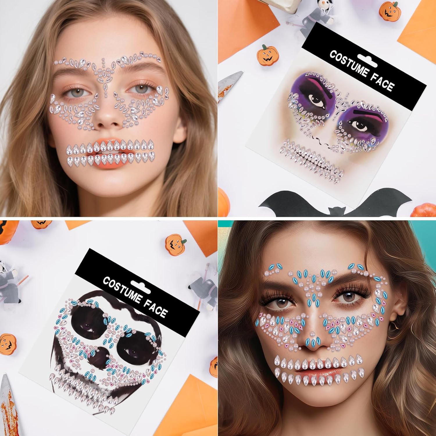 Erythem Skull Face Gems 6 Pack Day of the Dead Face Jewels Crystals Skeleton Face Gems for Halloween Festival Rave Party Makeup(Multiple colors)