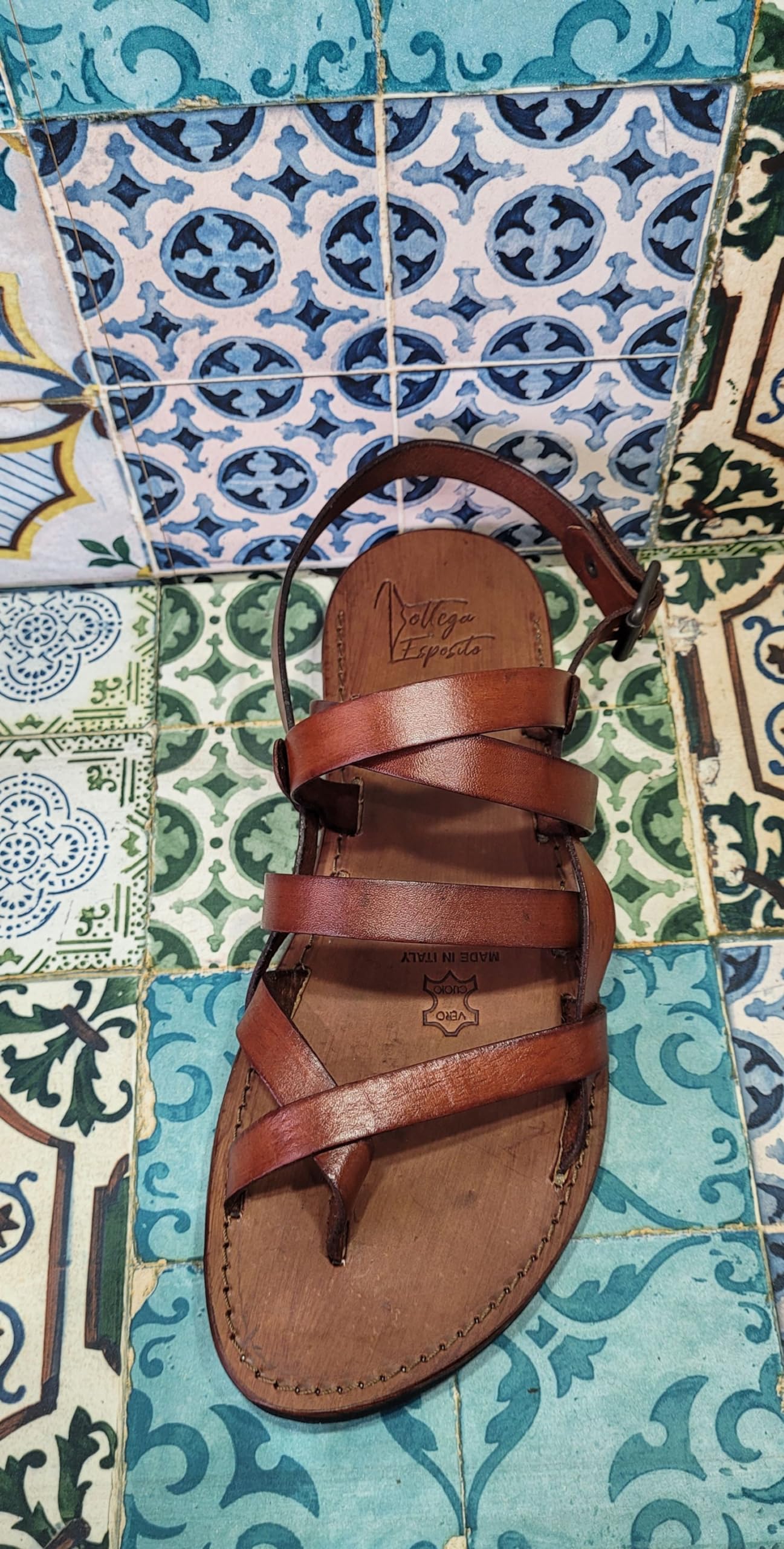 Sandali artigianali da Uomo fatti a mano con materiali di qualità: vera pelle e vero cuoio 100% Made in Italy Handmade Sandals for Man (44, Marrone)