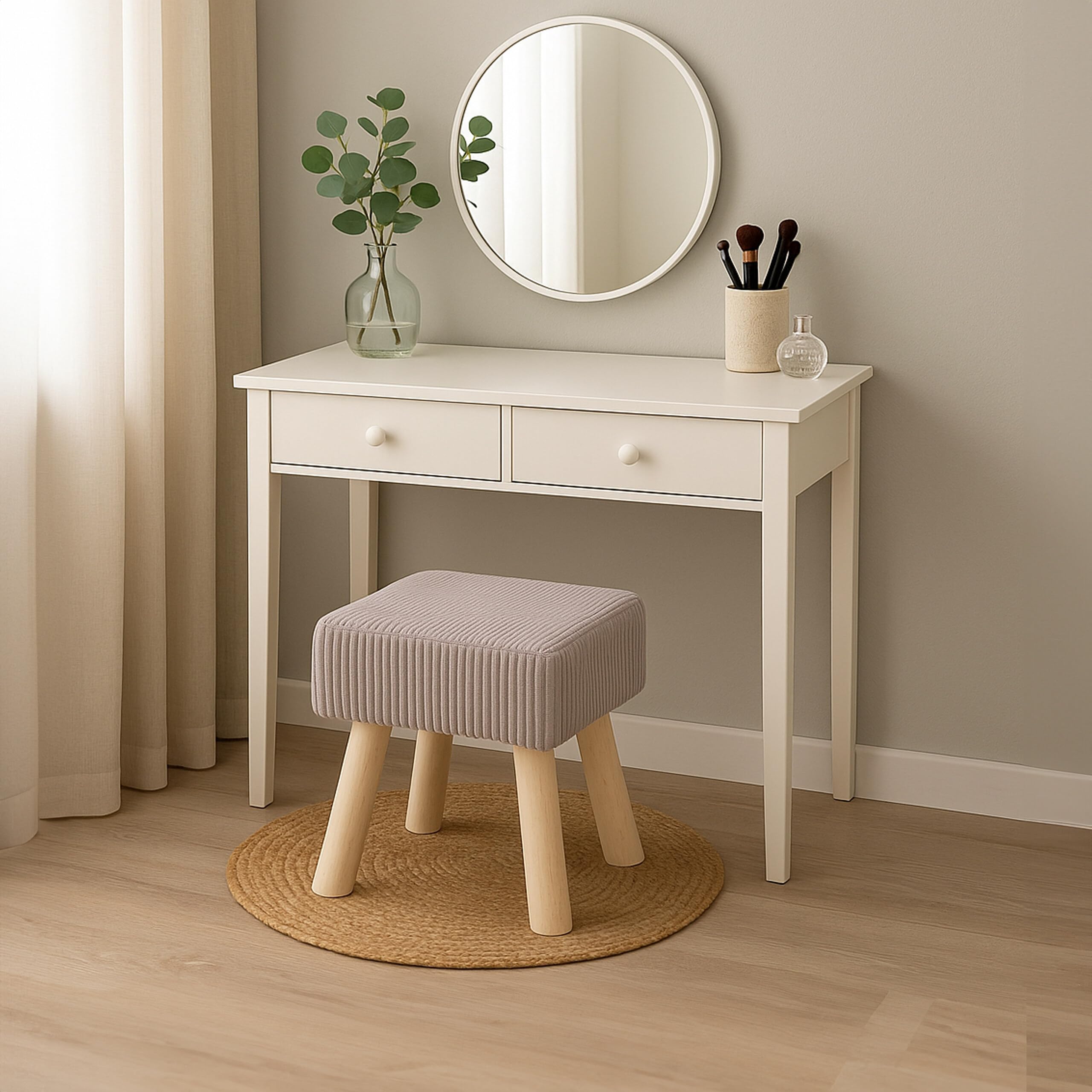 Relaxdays Sgabello corda, gambe in legno, imbottito, HxLxP: 30 x 30 x 30 cm, quadrato, poggiapiedi, beige/naturale
