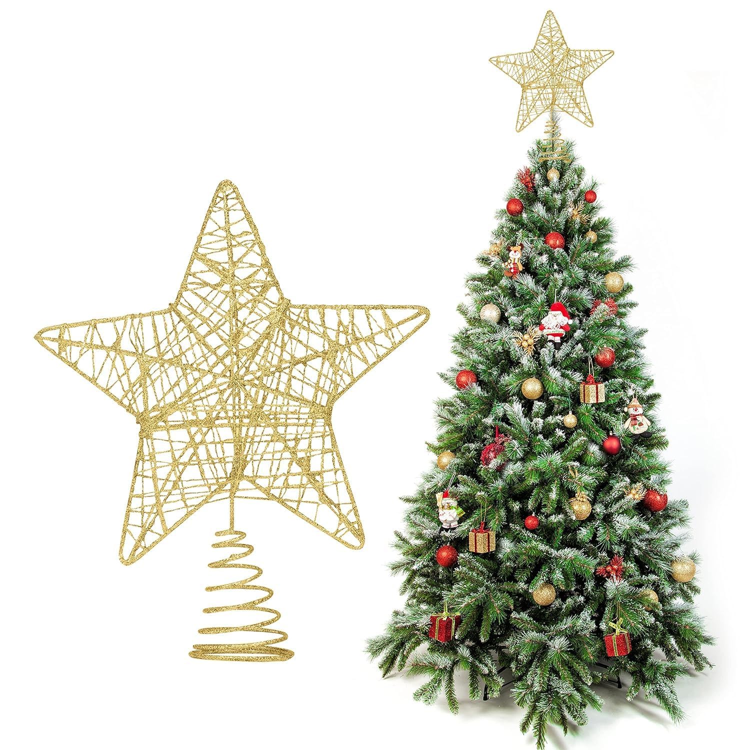 Vital CREATIONSMiniSnow White Glittery Tree Toppers with Light for (6 inch Height) Christmas Tree Ornaments for Decoration at Home | Winter Holiday Home Décor, 1 pc Metal Golden