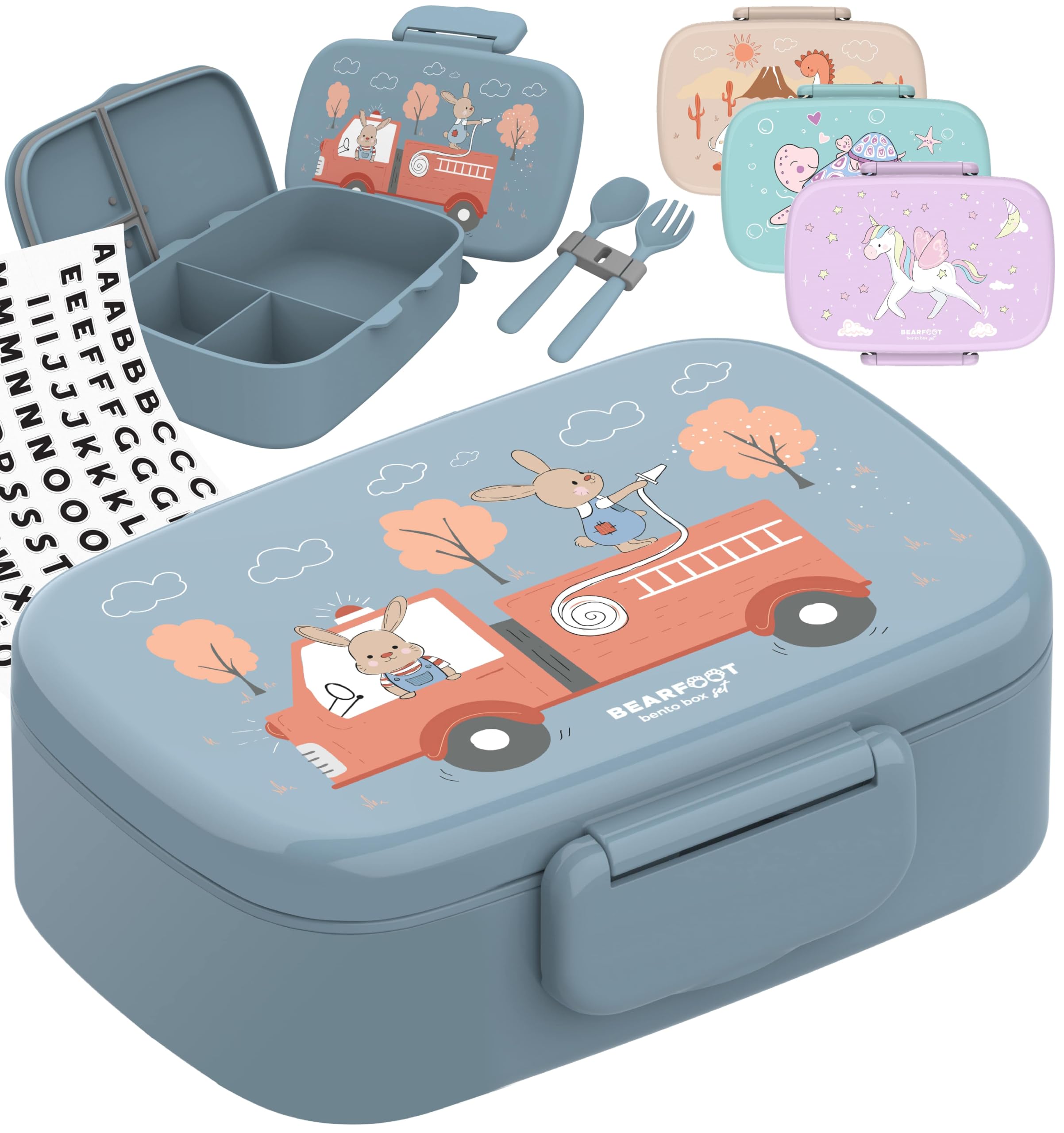 BEARFOOT Brotdose Kinder BPA-frei – Lunchbox/Bento Box mit Fächern, 100% auslaufsicher, für Schule & Kindergarten (Feuerwehr)
