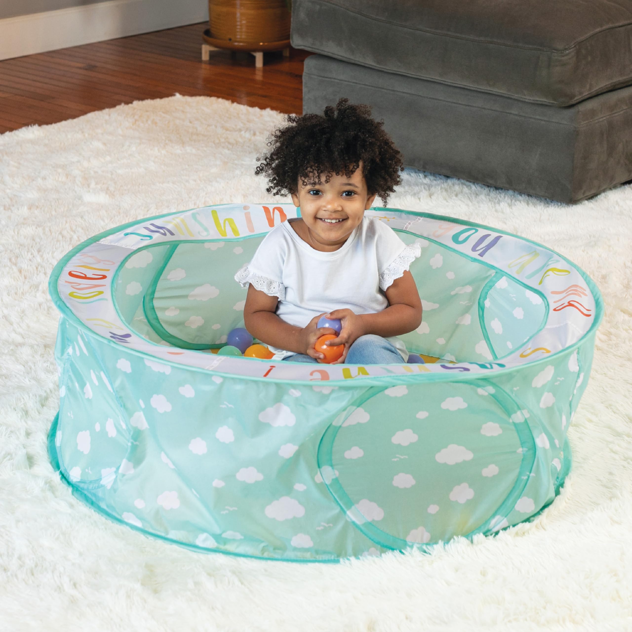 Infantino Pop-Up Bällebad mit 50 Bunten Bällen, Einfacher Aufbau & Platzsparende Aufbewahrung für Babys, Großes Spielzelt 90 cm, Farbenfrohes & Fröhliches Design