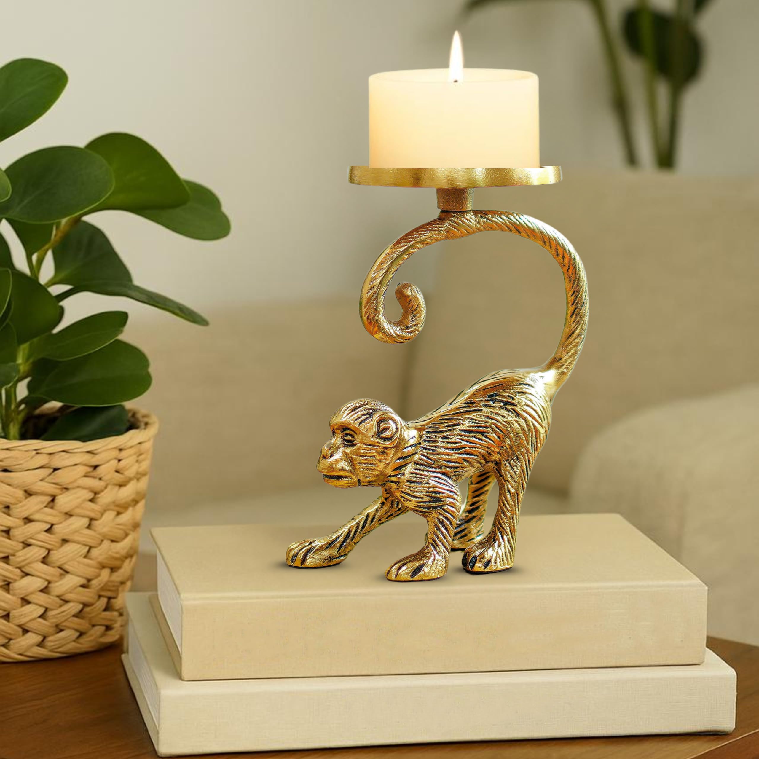BEHOMA Aluminium Monkey Pillar Candle Holder Stand, Gold 1