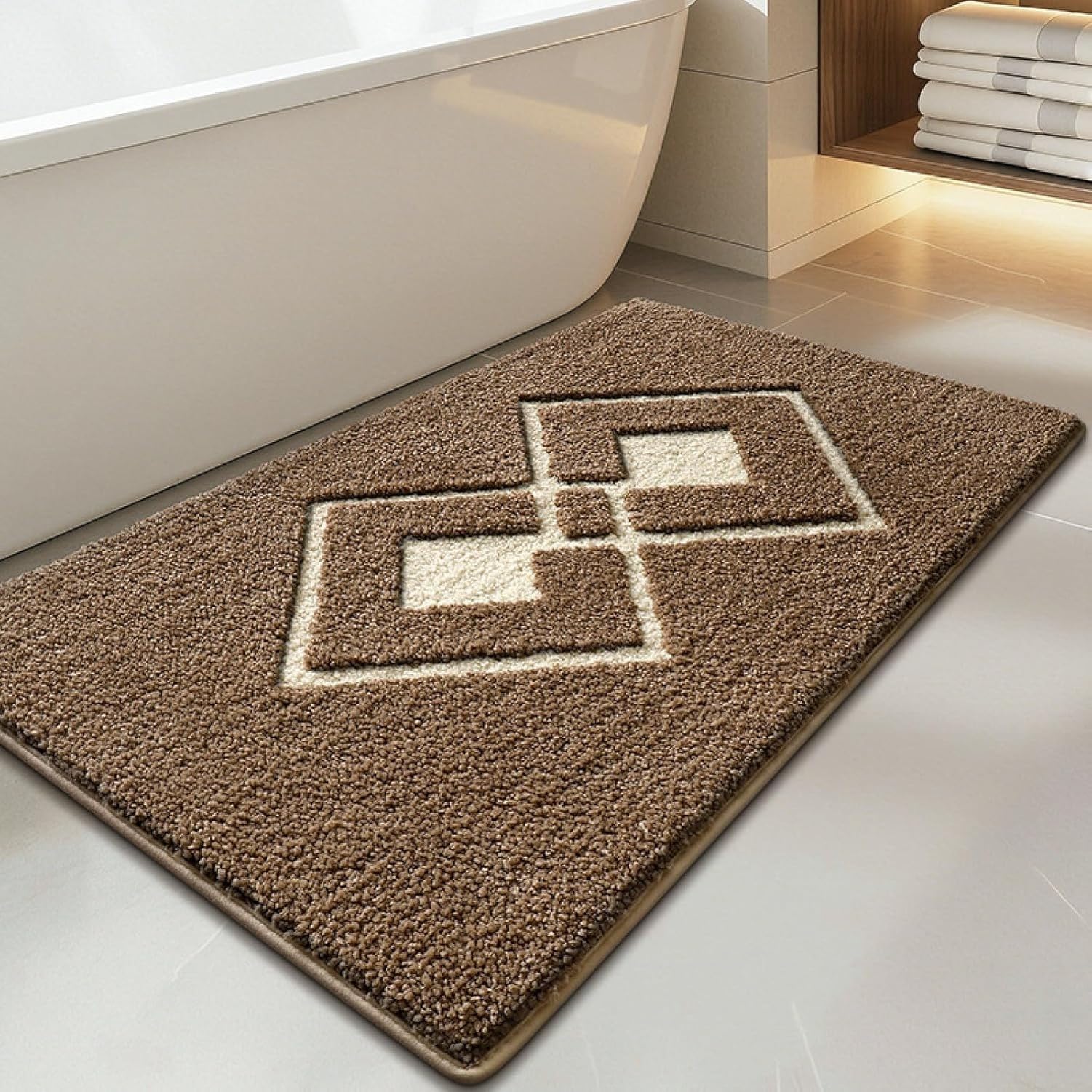 AIEIJJH Flannel Bath Mat 40x60cm Brown White Non Slip Bathroom Mat Super Absorbent with Cushioned Soft Top and Washable Anti-Slip Rubber Base, 50×80cm, 50×80cm