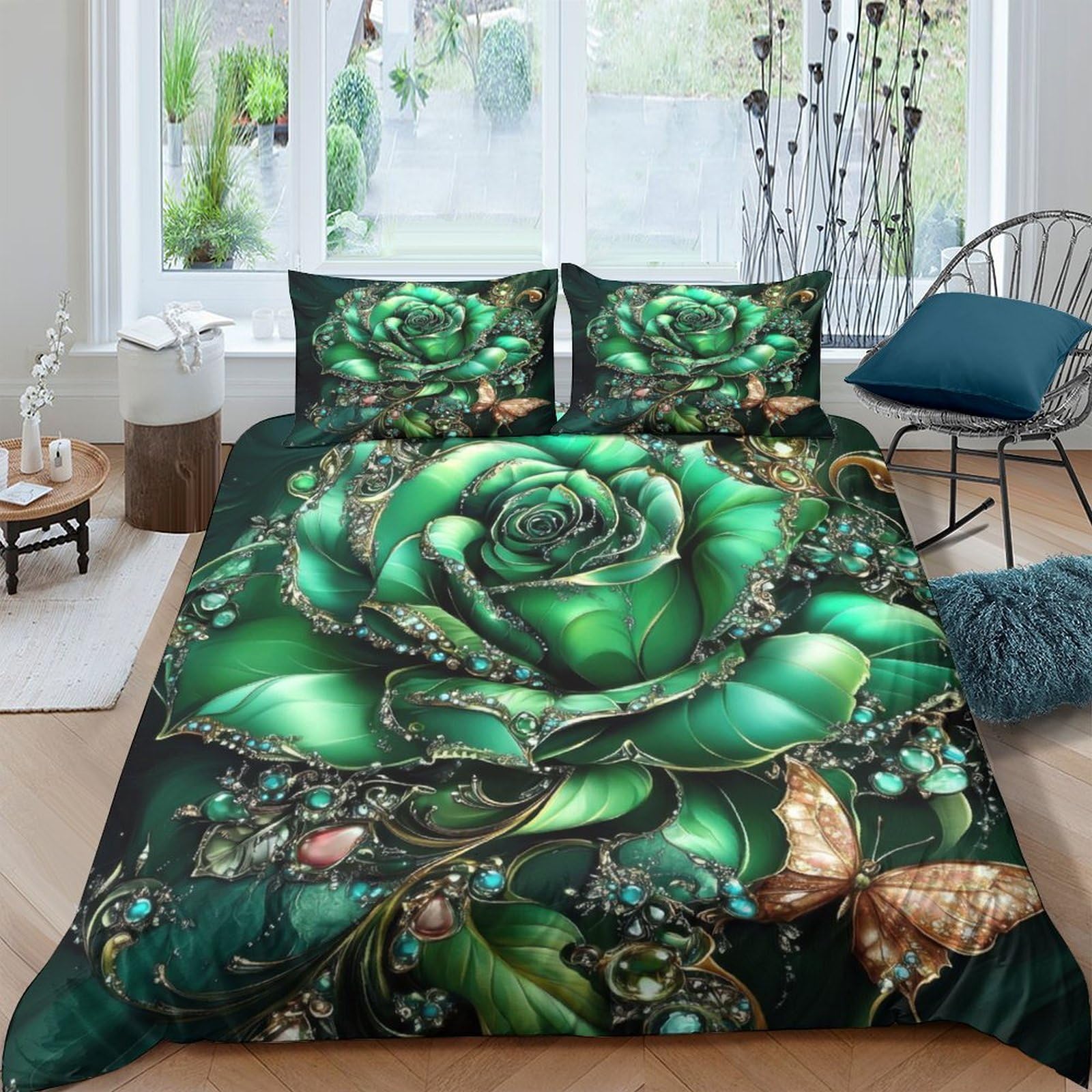 GPLZQXKJNH 3D Printed Emerald Rose Duvet Cover Microfiber Soft Breathable Deer Forest Bedding Set with 2 Pillowcases for Bedroom Decor Single（135x200cm）