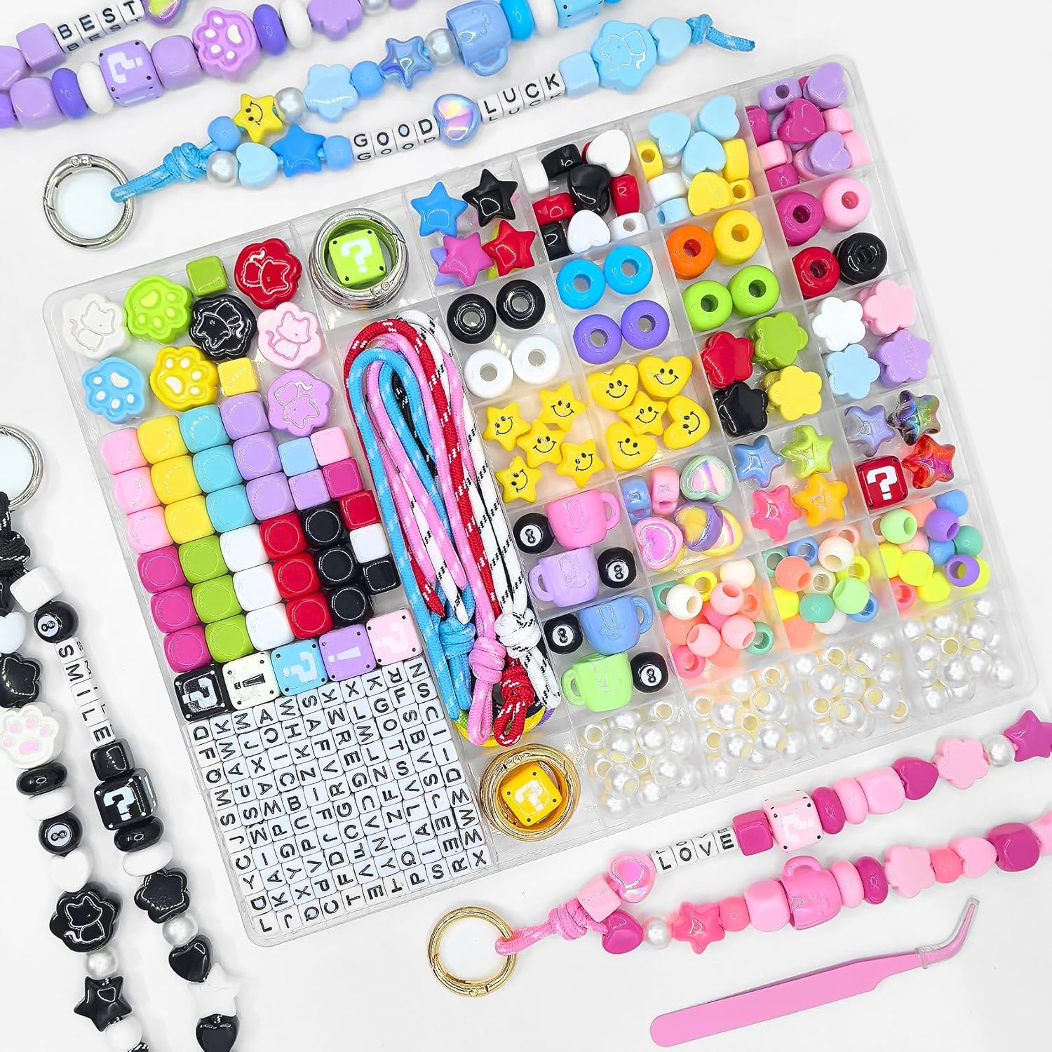 COZIYIAIRD 506Pcs Beaded Keychain Making Kit, DIY Bag Charm Kit with Acrylic Heart Star Alphabet Beads, Jewelry Making Kit for Crafting Keychains
