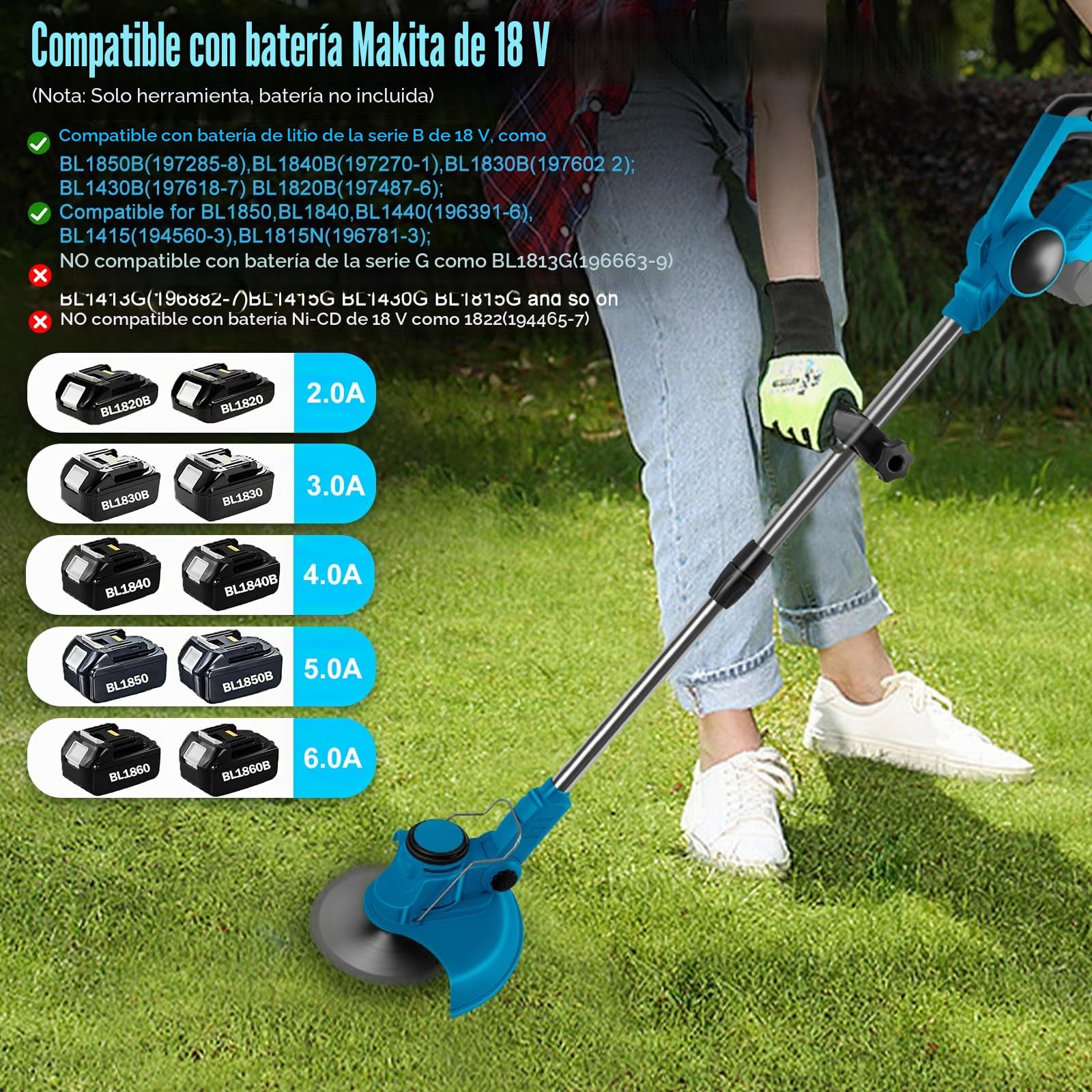 Desbrozadora con batería compatible con batería Makita de 18 V, 4 en 1 sin escobillas, 20 cm de ancho de corte, mango ajustable de 99 – 135 cm, varilla telescópica para jardín césped Dornbusch