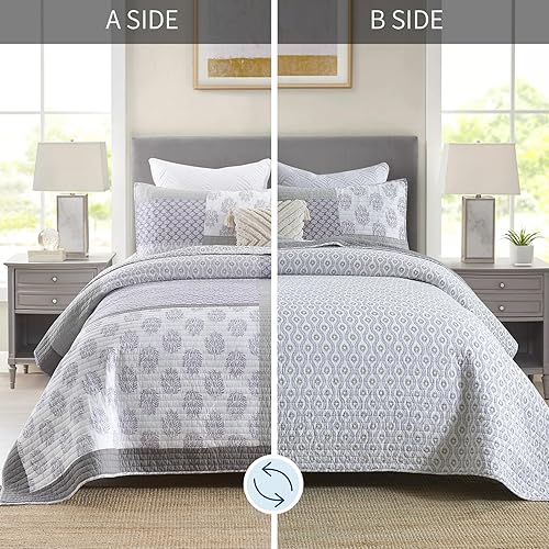 Miniatura 2 de Y-PLWOMEN Colchas tamaño Queen, 100% algodón, ligero, suave, tamaño Queen, colcha acolchada, color morado, gris, blanco, juego de ropa de cama