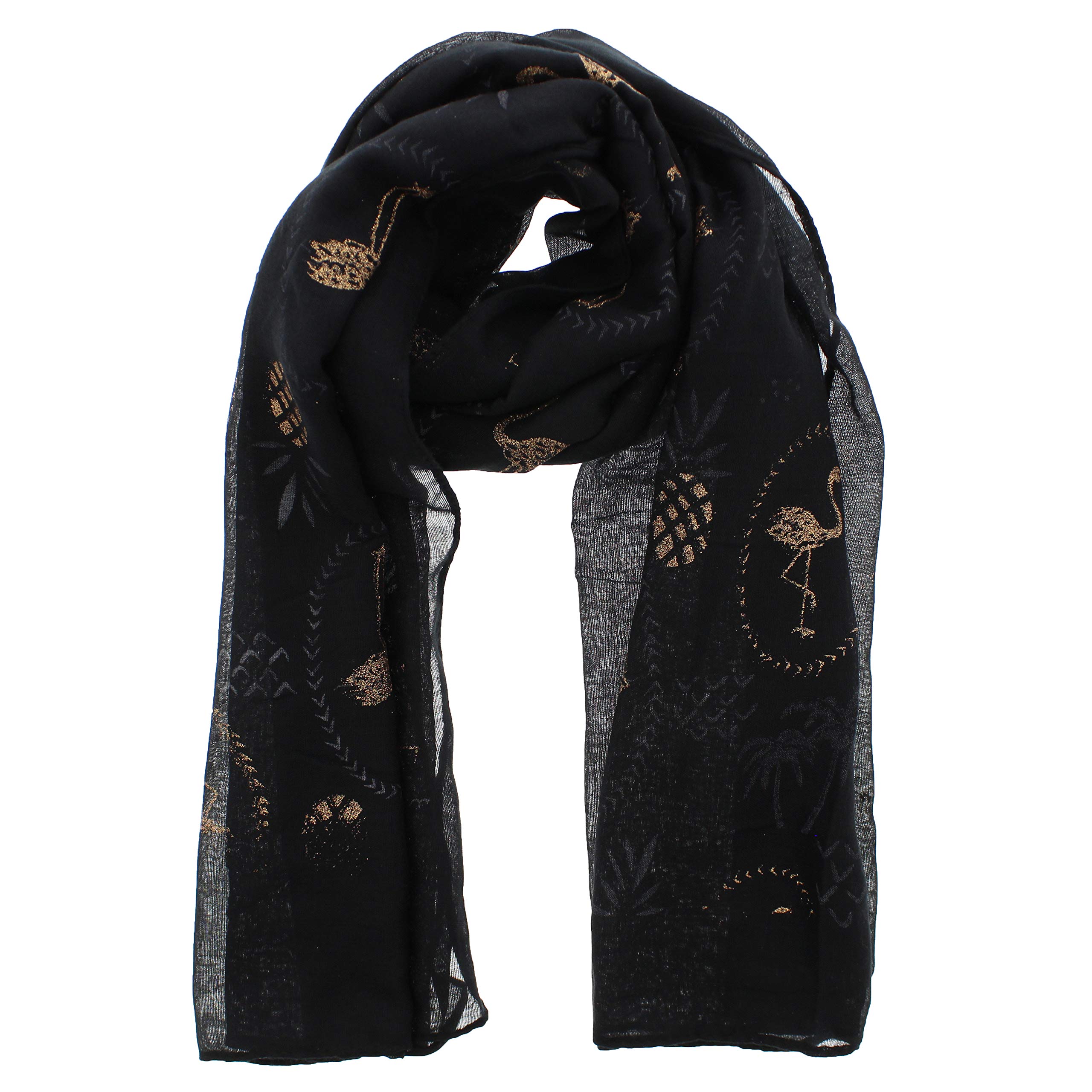 Zac's Alter Ego Women's Black Scarf With Gold Glitter Flamingo & Pineapple Print
