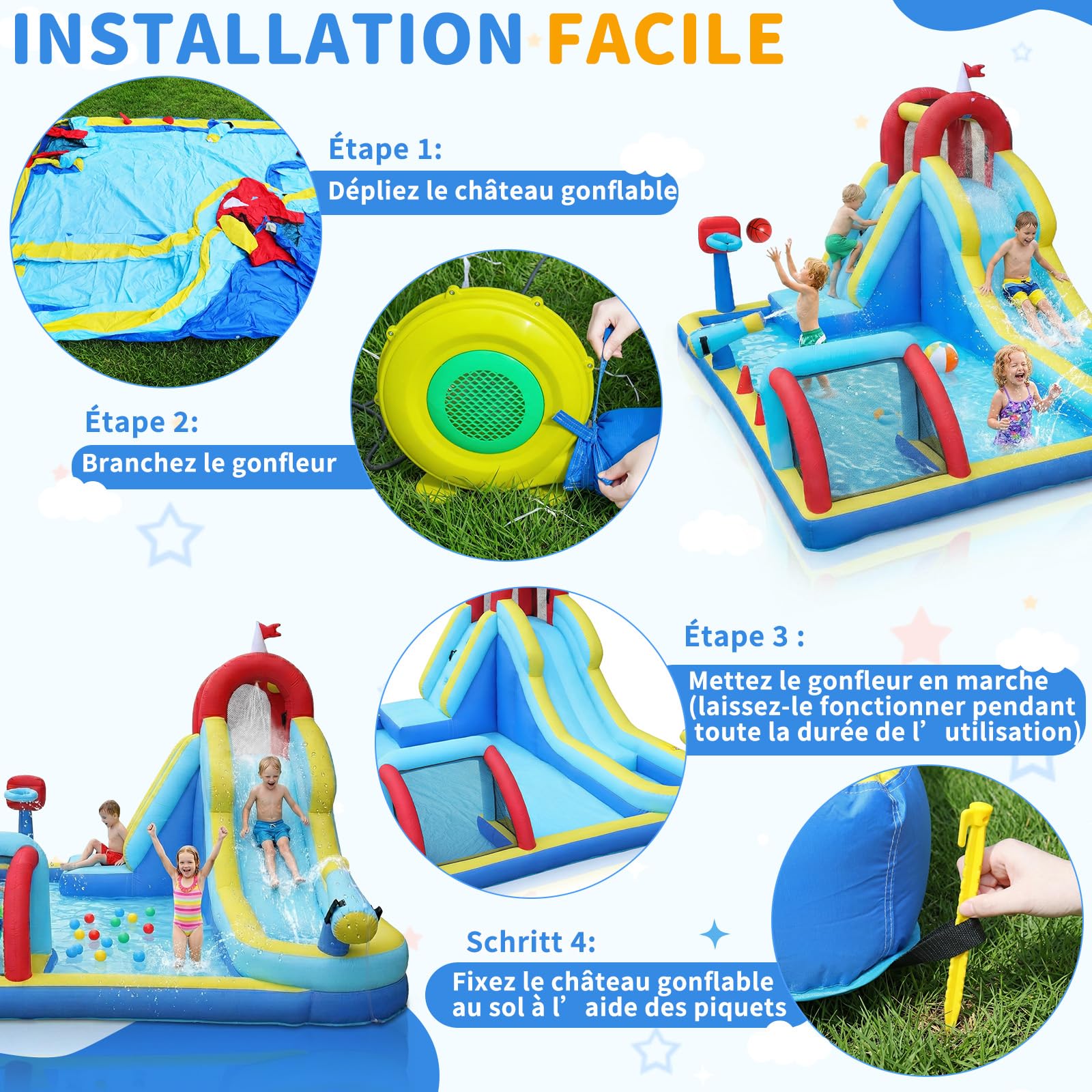 LEADZM Château Gonflable sur Le Thème du Sport avec Souffleur, Buts de Football, Paniers de Basket, Longue Barrière de Toboggan et Aire de Jeux d'ea, 400 * 305 * 225cm