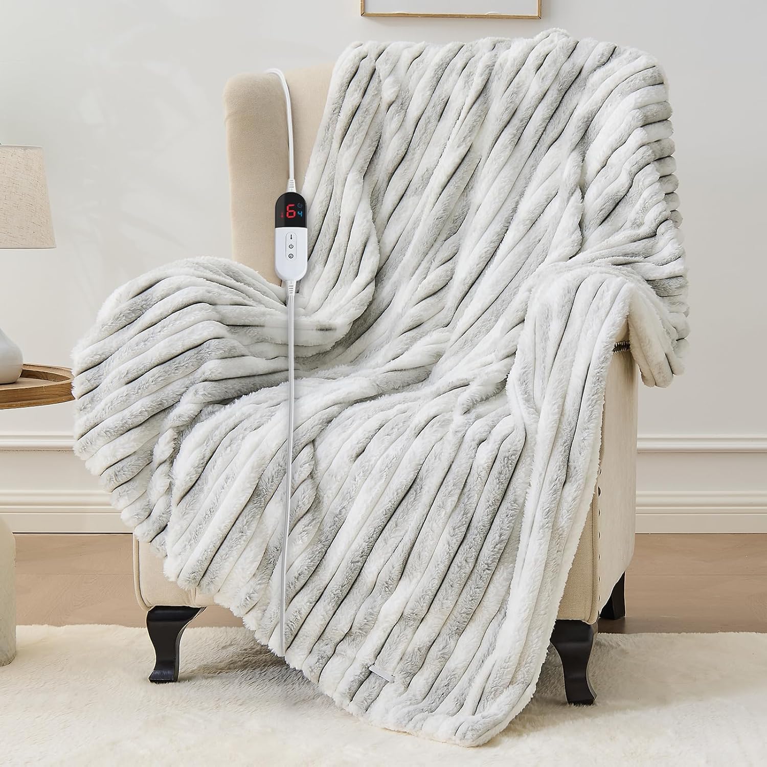 Heated Blanket Throw - 50"x60" Fast Heating Bed Electric Blankets Throw with 6 Heating Levels & 4 Hours Auto Off, Soft Ribbed Faux Fur Sherpa, Over-Heated Protection ETL, Light Gray Light Gray Printed Throw 50"x60"