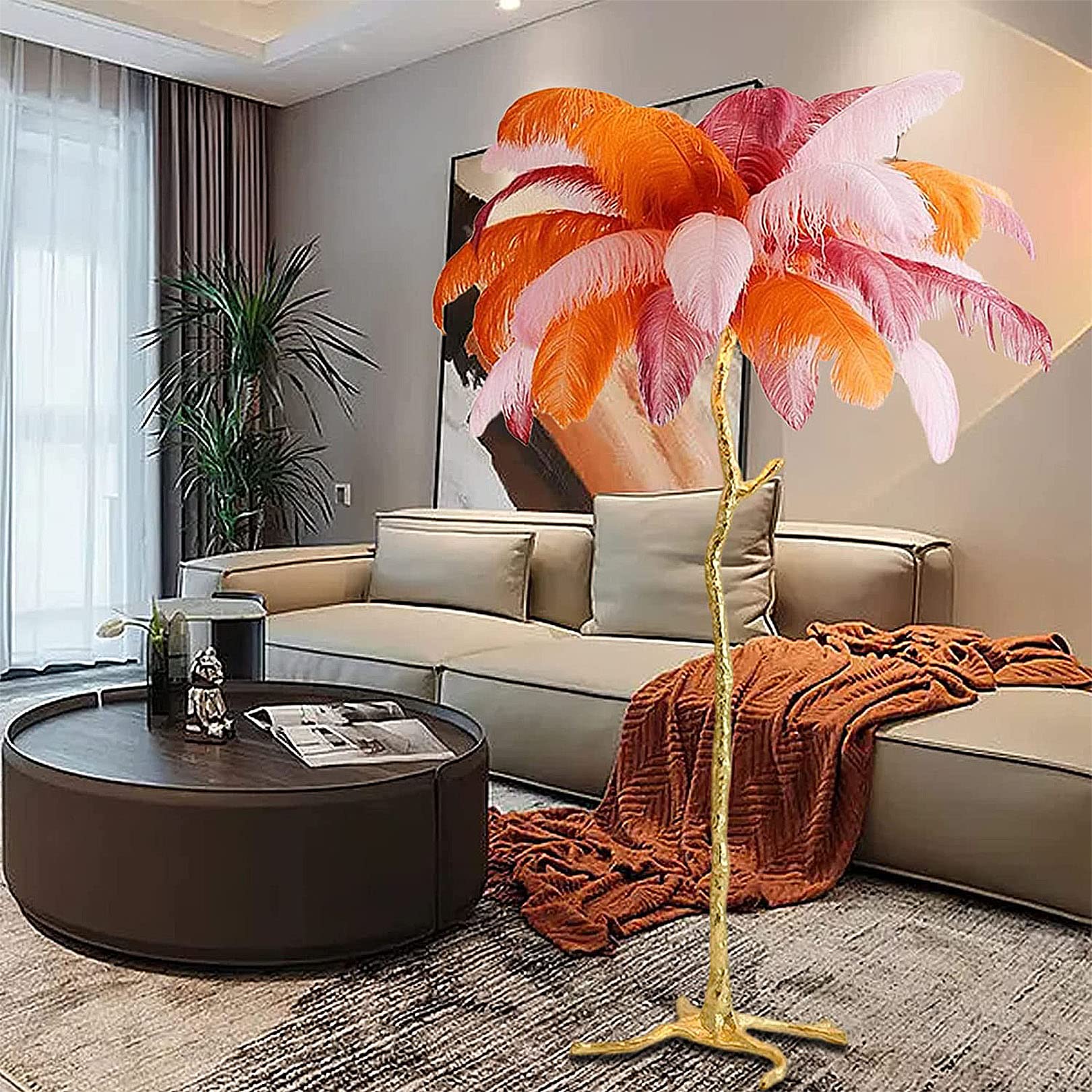 Luxury Real Ostrich Feather Lamp with 5 Led Light Sources for Living Room Bedroom and Office - 100% Resin Standing Decor Gift