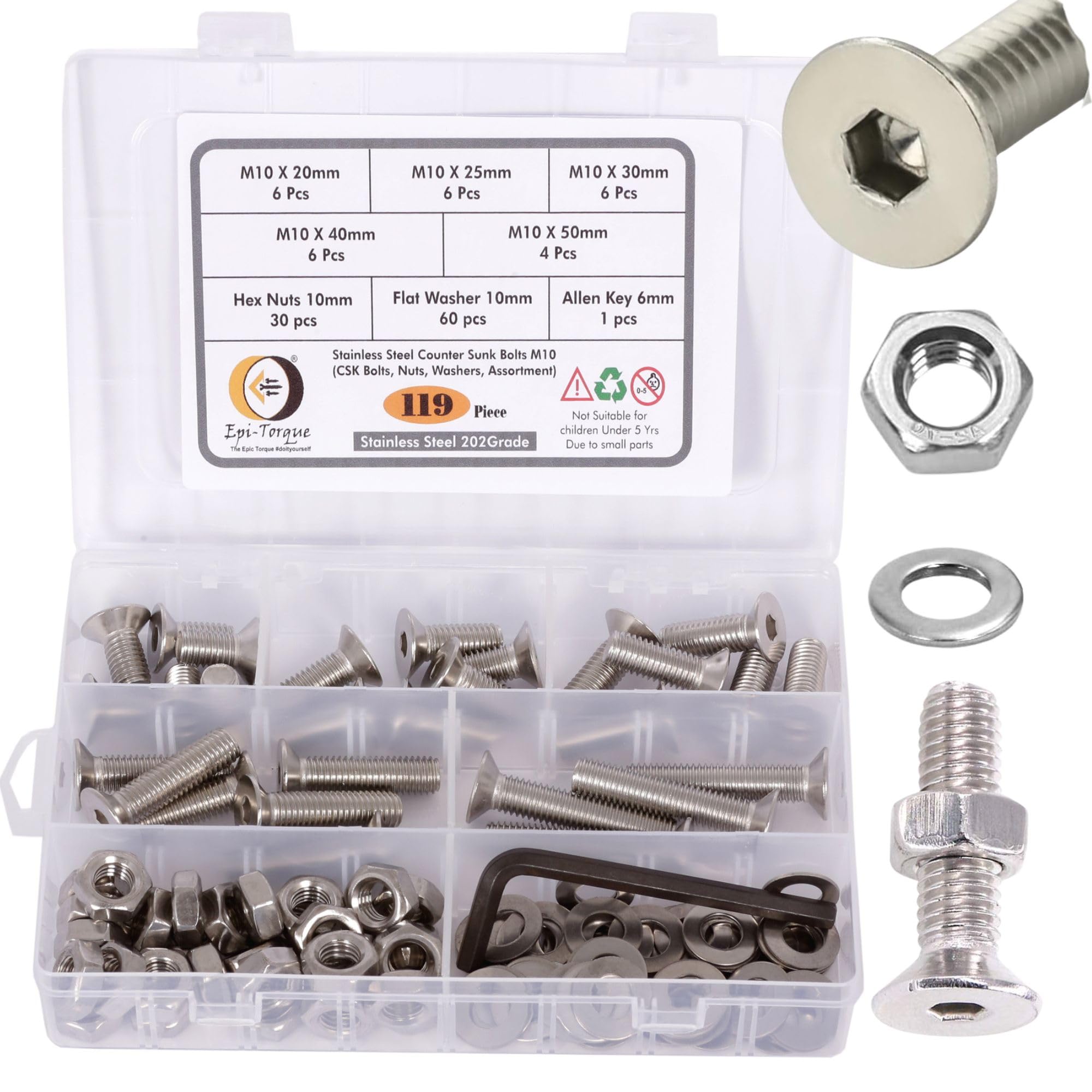 metric m10 stainless steel 202 grade csk head allen bolt hex socket countersunk screws nuts & washers assortment kit with allen keys & storage box - 119 pieces
