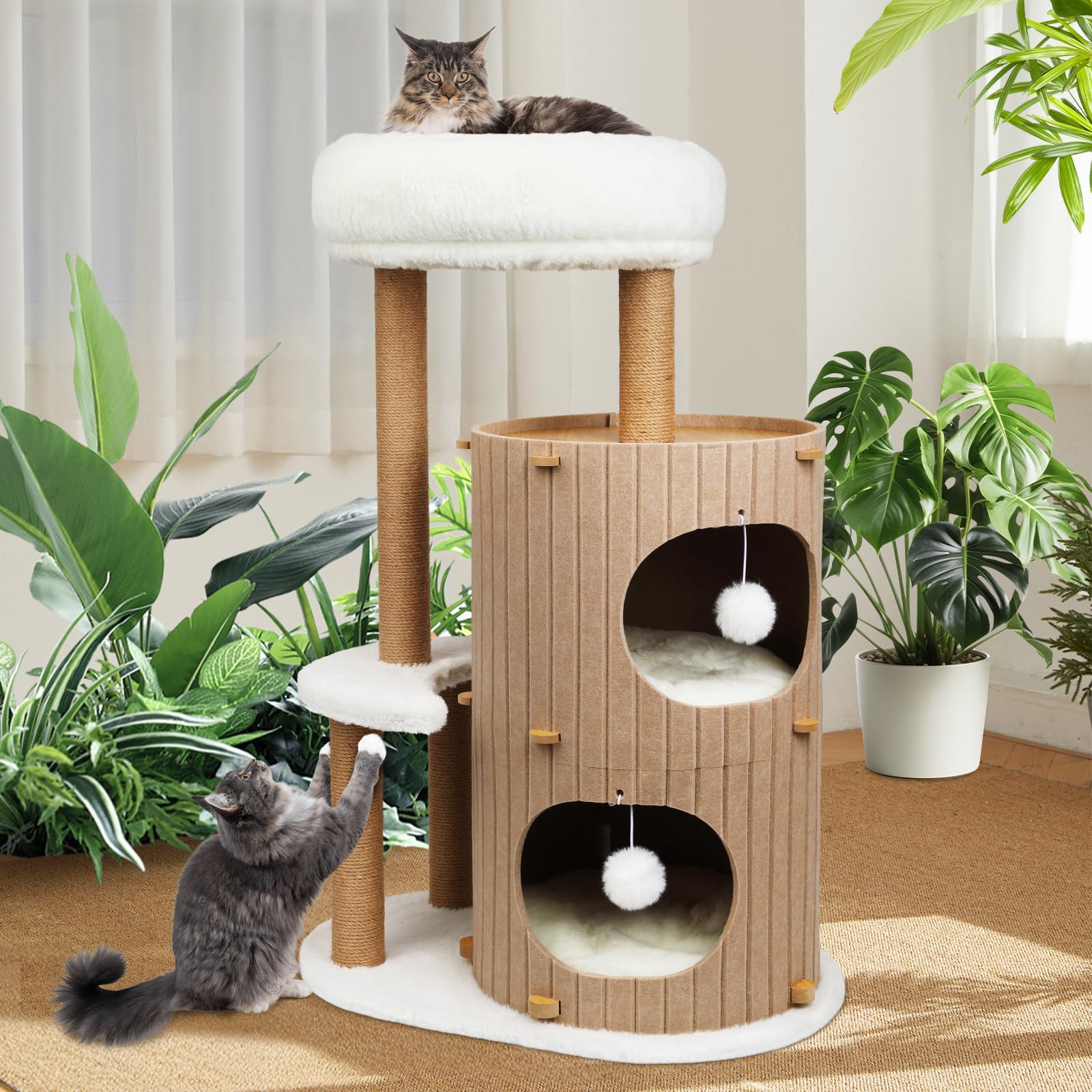 Luxus Kratzbaum mit 2-stöckiger Kratztonne | Katzenbaum mit Katzenschlafhaus, Sisalbrett,abnehmbarem Bett & Spielball | Stabiles Katzenmöbel für Mehrkatzenhaushalte | Kletterbaum Aktivitätsbaum