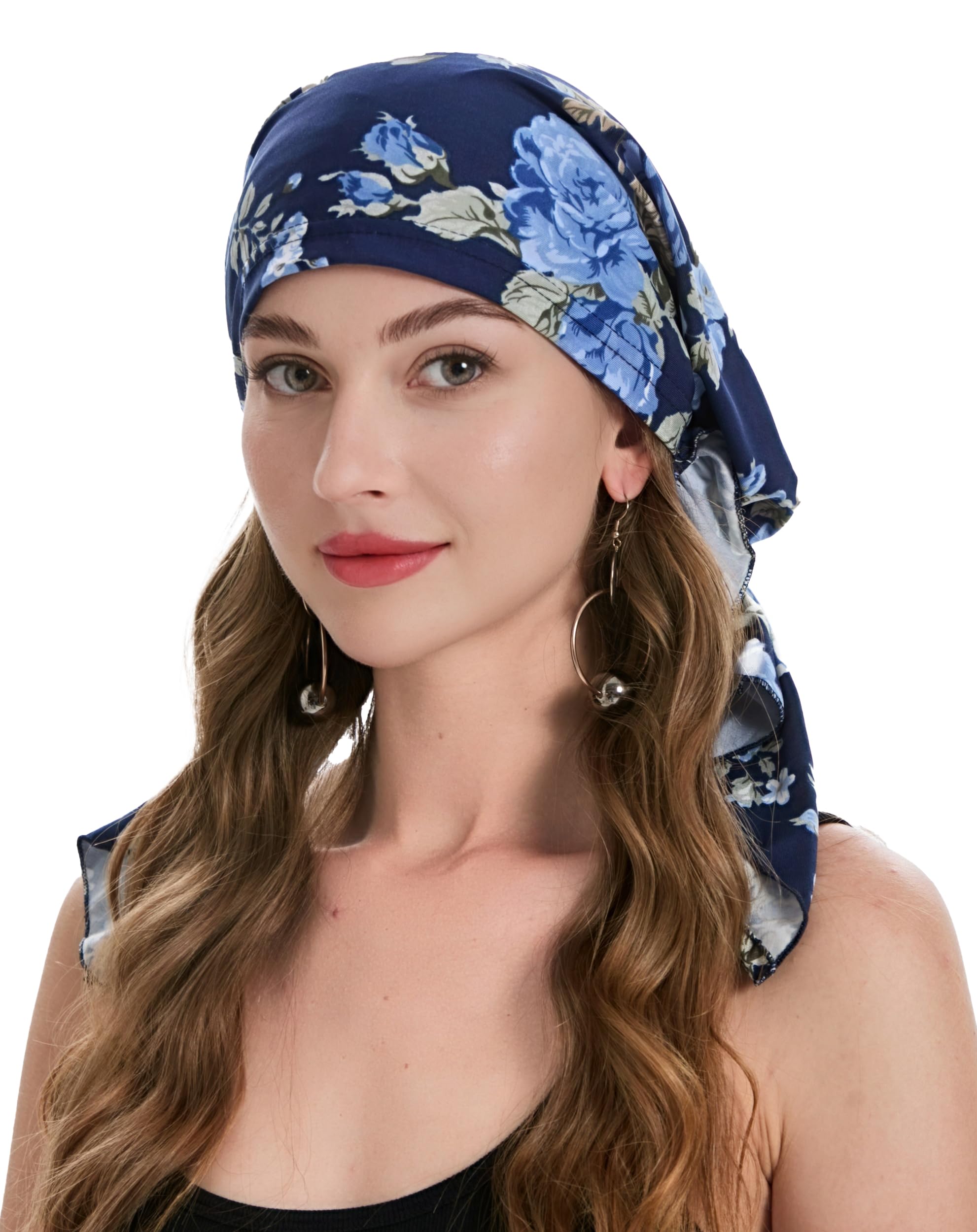 ZLYC Damen Chemo Turban Mütze Vorgebundenes Kopftuch Headwraps Leichte Hut(Blaue Rose Marine),Einheitsgröße