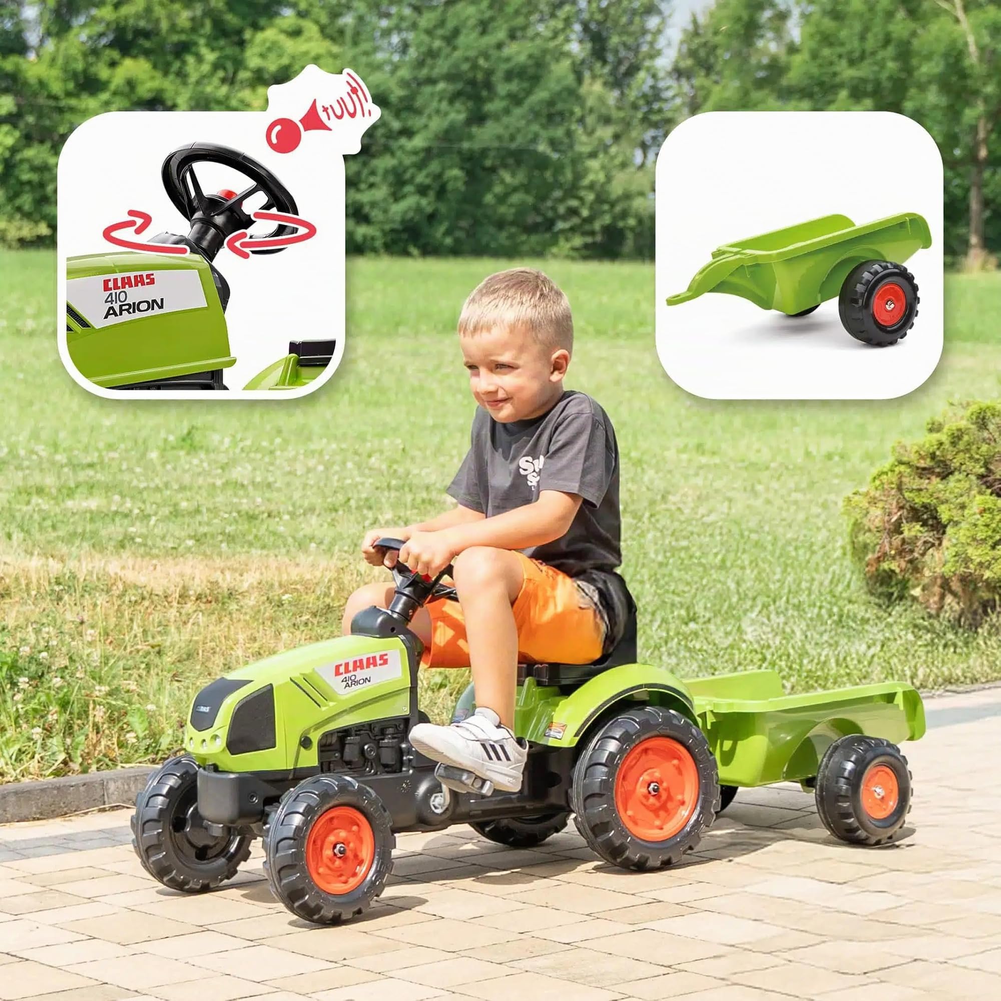 Falk - Trattore a Pedali con rimorchio Claas - da 2 Anni - Made in France - Volante con clacson - 2040A