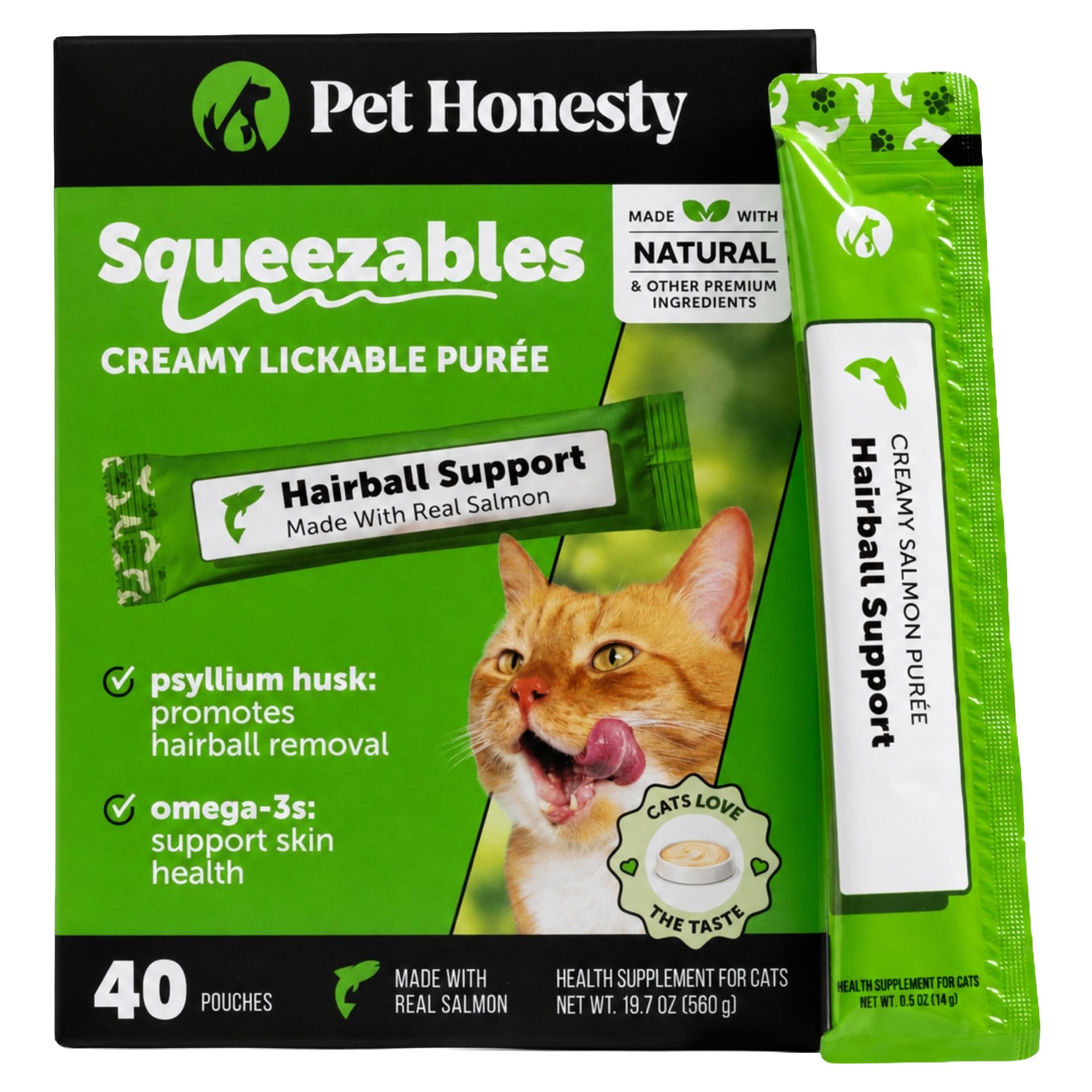 Pet Honesty Vet Backed Hairball Remedy Lickable Puree, Salmon, 40 Ct