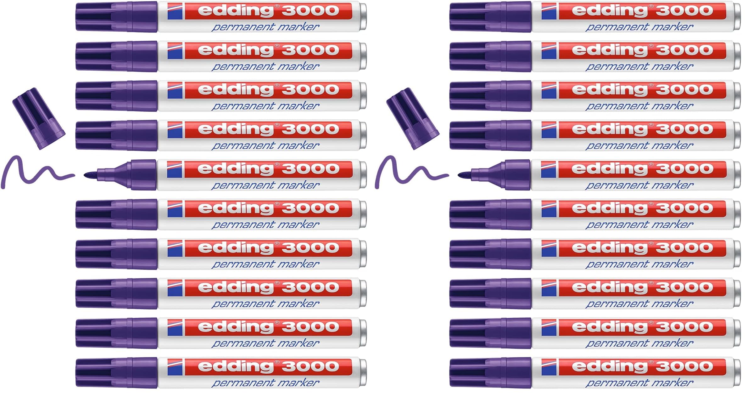 edding 3000 Permanentmarker - violett (lila) - 10 Stifte - Rund-Spitze 1,5-3 mm - schnell trocknender Permanent Marker - wasserfest, wischfest - für Karton, Kunststoff, Holz, Metall - Universalmarker