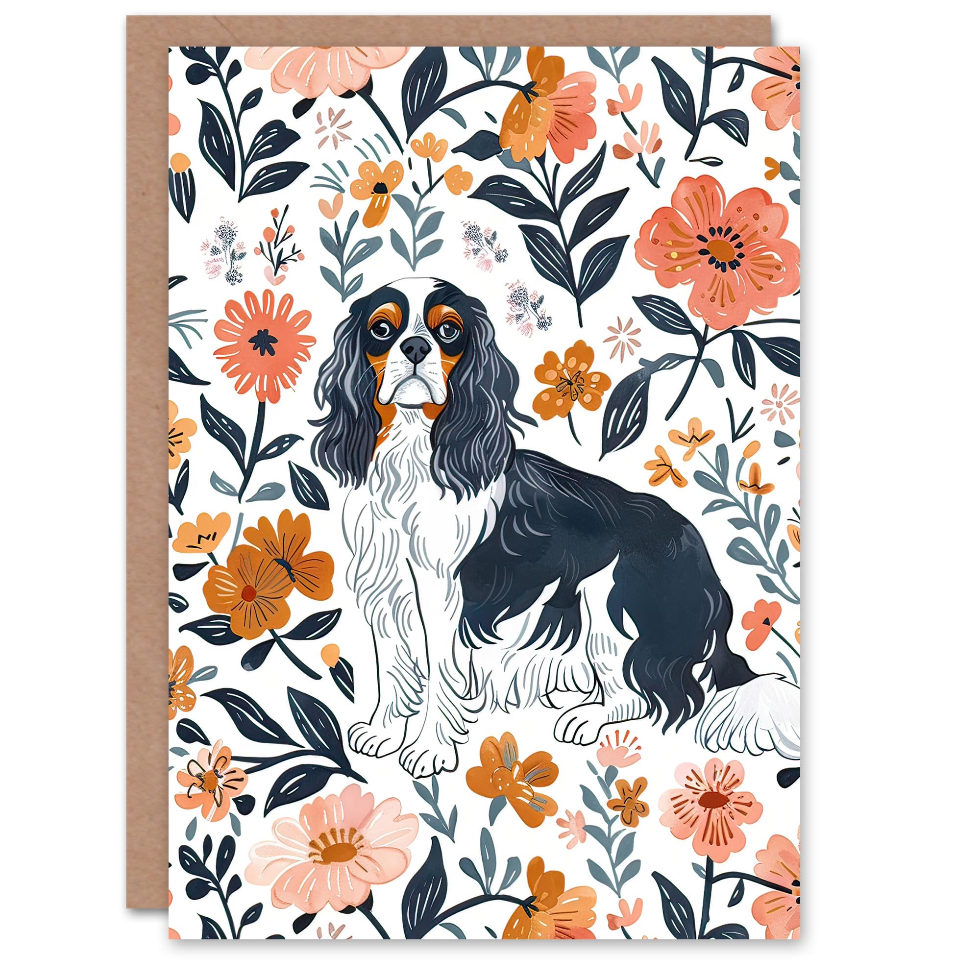 Artery8 Greeting Card Cavalier King Charles Spaniel in Floral Pattern For Her Woman Birthday Card
