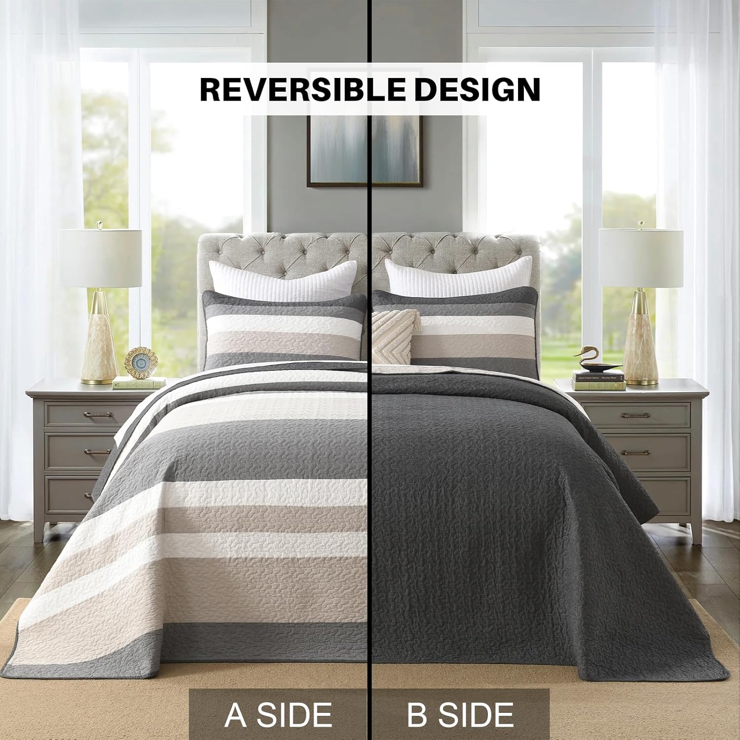 100% Cotton Oversized King Quilt Bedspread Coverlet, 120"x120" Extra Large Quilt Set with 2 Pillow Shams, Yarn Dyed Striped Patchwork, Soft Reversible Bedding Set, Gray/White