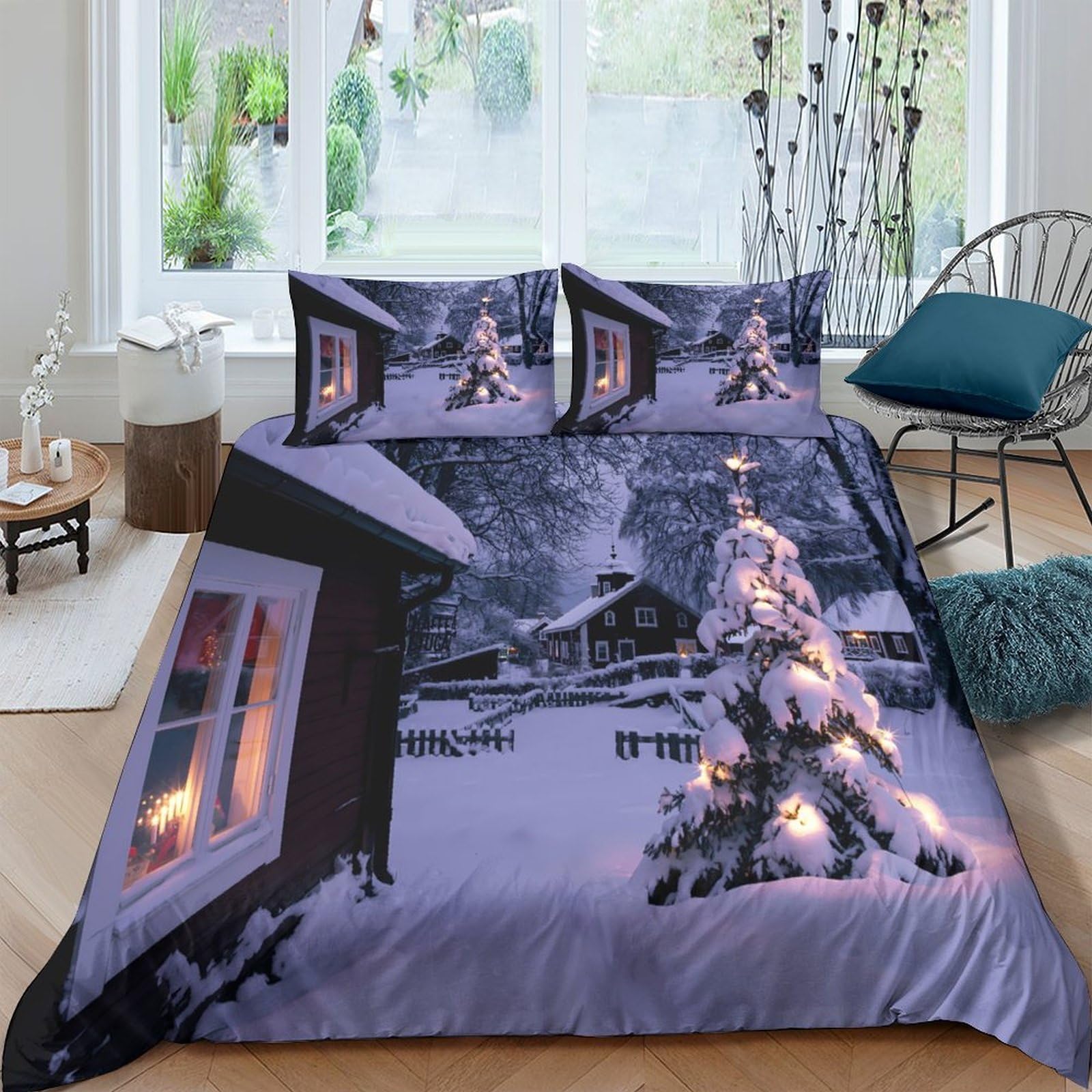 Ctjqhvkz Style-5 3D Printed Snowy Night Fitted Sheet Microfiber Soft Christmas Tree Bed Cover For Bedroom Guest Room Easy Care Decor Single（135X200cm）