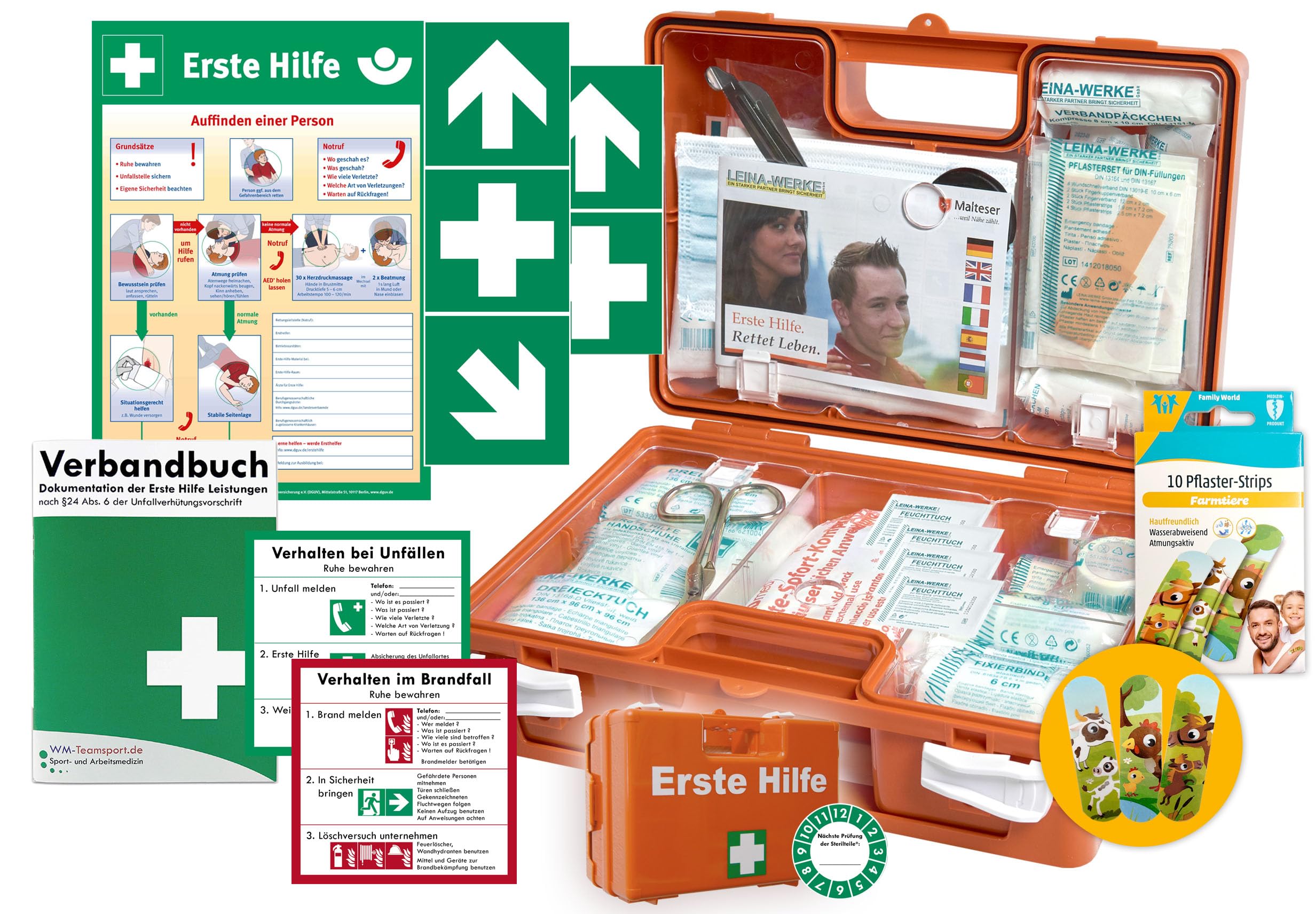 Erste-Hilfe-Koffer KITA PLUS -Komplettpaket- inkl. bunten Kinderpflastern mit süßen Farmtieren - aktuelle DIN/EN 13157 für Betriebe + DIN/EN 13164 für KFZ - incl. 1.Hilfe-Aufkleber & 1. Hilfe AUSHANG