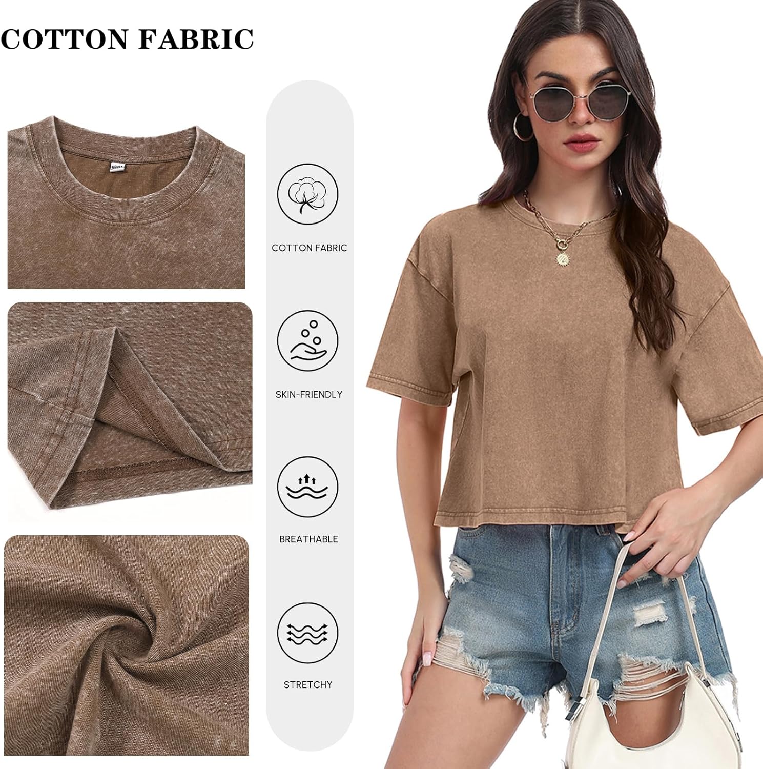 Womens Cropped Tops Acid Wash Short Sleeve T-Shirt Baggy Cotton Tee Vintage Round Neck Basic Tees Casual Shirts - Image 2