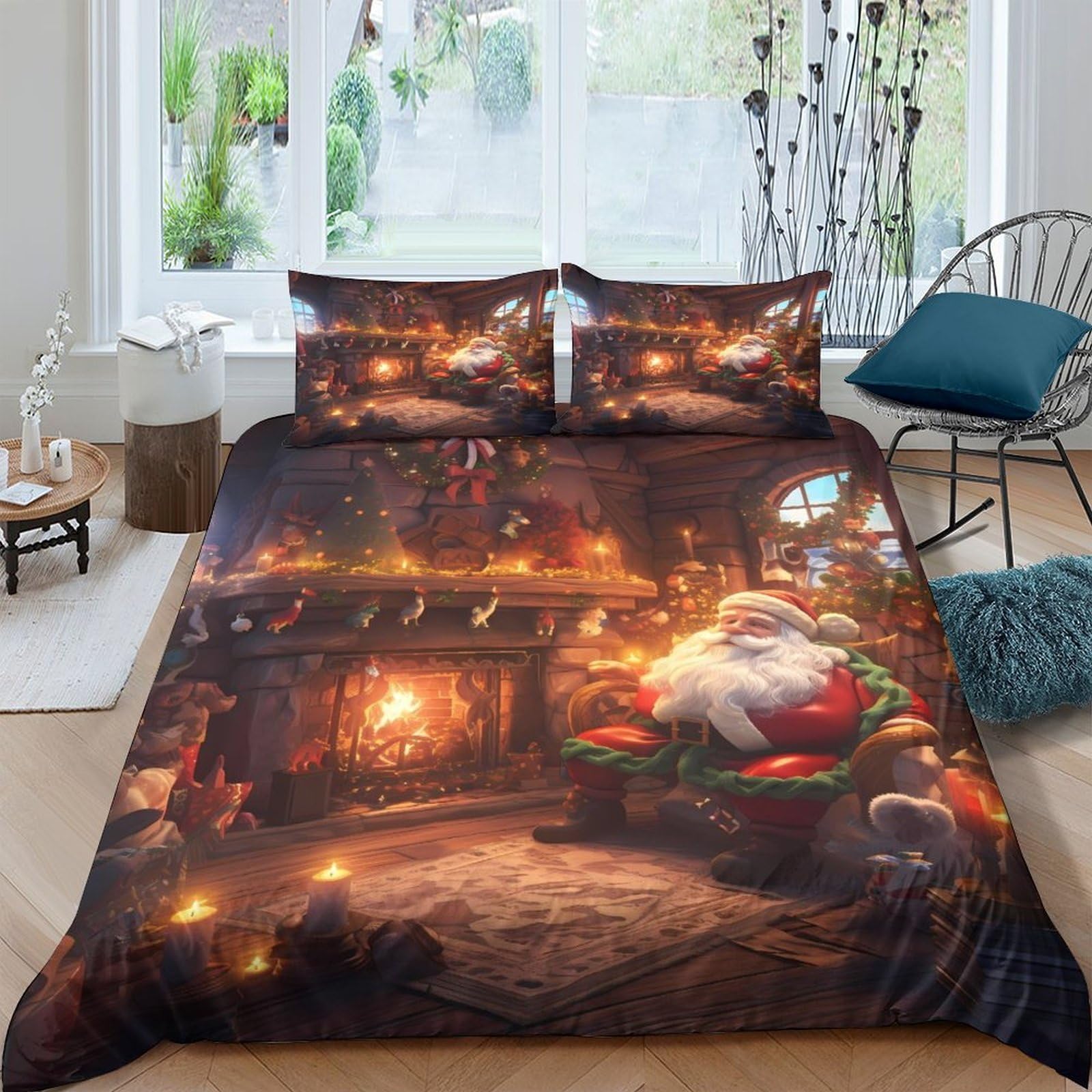 Ctjqhvkz Style-9 3D Printed Christmas Fireplace Fitted Sheet Microfiber Soft Santa Claus Bed Cover For Bedroom Guest Room Protection Decor Single（135X200cm）