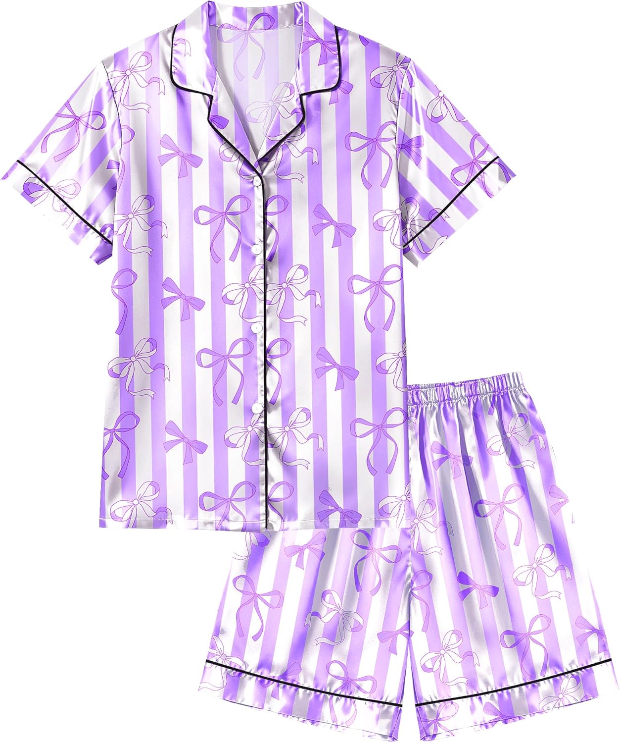 Sylfairy Girls Pajamas Silk PJS Set Bow Satin Sleepwear Short Sleeve Jammies for Kids Button-Down Nightwear size 7-8 10-12