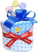 出産祝い おむつケーキ 男の子用/水色ドット/ミキハウス１段おむつケーキ タオル＆おもちゃ付 1歳誕生日 ハーフバースデー ベビーシャワー メリーズ パンパース 男の子B60 (パンパースMテープ)