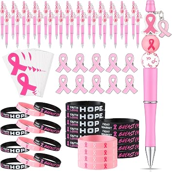 Seajan 200 Pcs Breast Cancer Awareness Bulk Beaded Pen Bracelets Ribbon