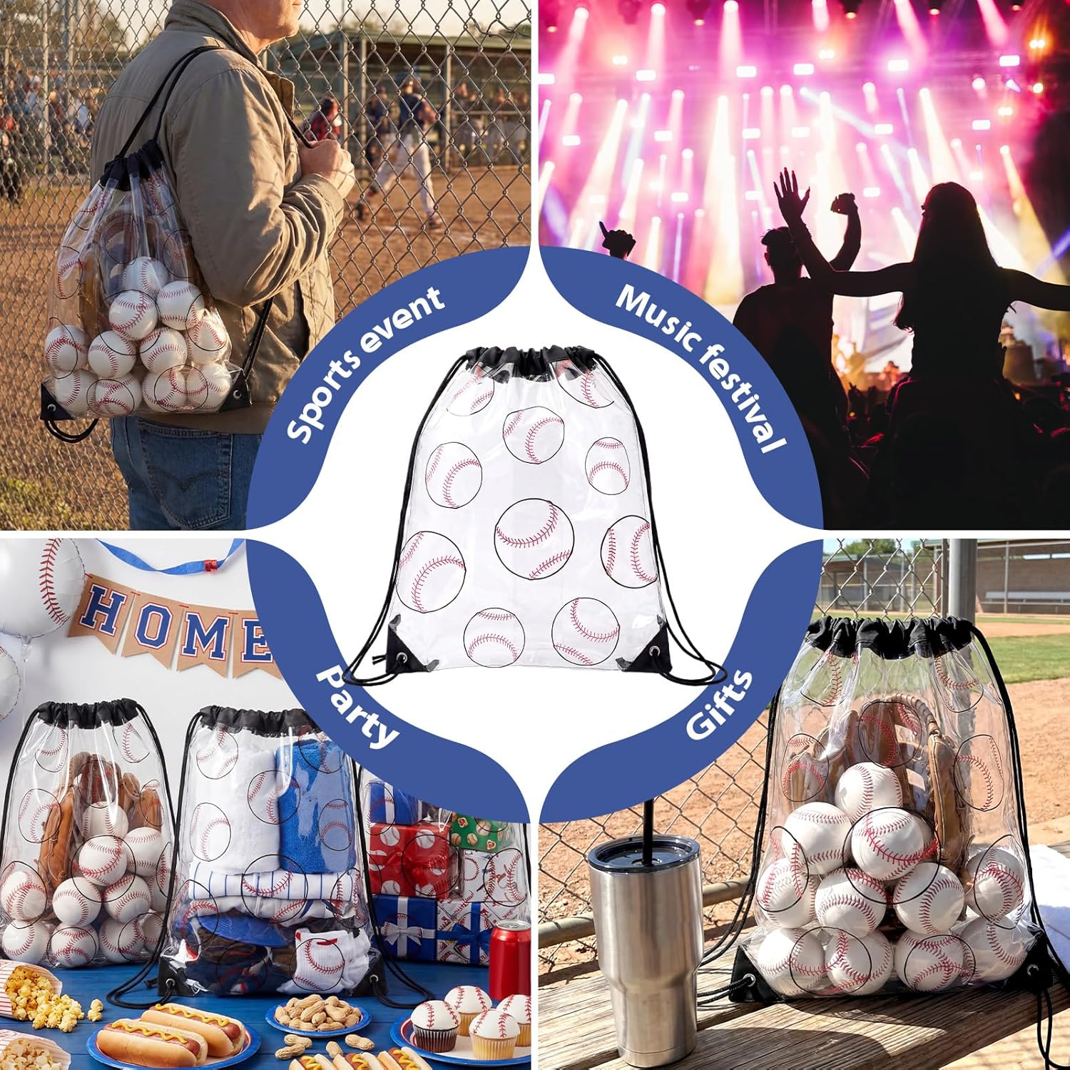 Cholemy 12 Pcs Clear Drawstring Bags 17 x 13 Inch Waterproof Plastic Sports Gift Goodie Bags for Sports Gym Events Stadium(Baseball)