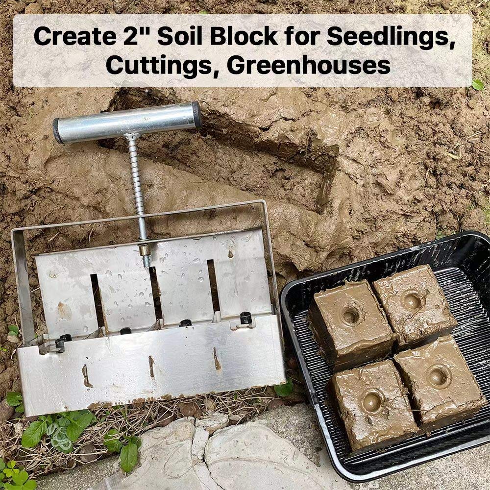 Handheld 4 Cell Soil Blocker with 12 Inserts,Manual Quad Soil Block